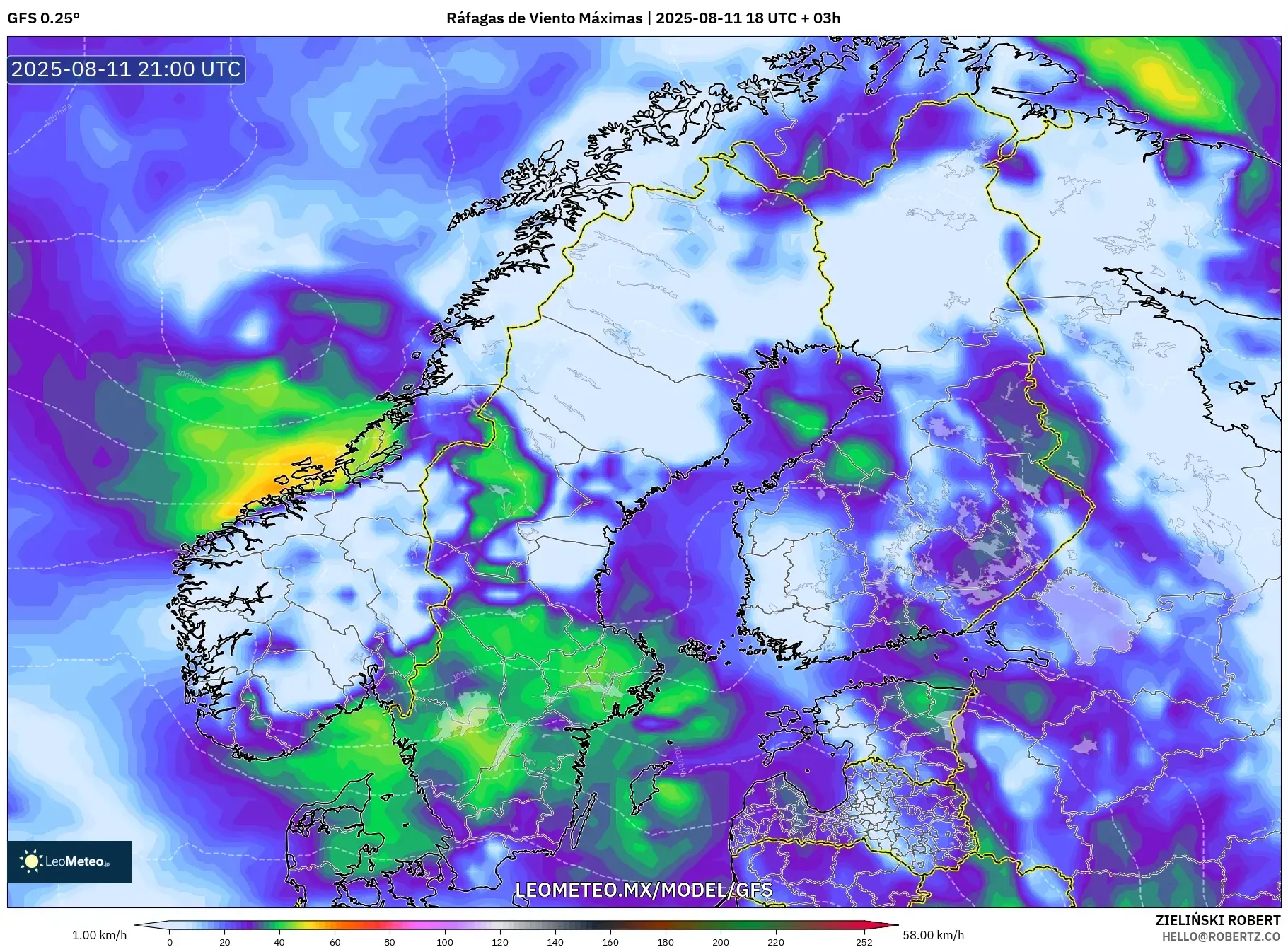 GFS model - Escandinavia, Ráfagas de Viento Máximas GFS model - Escandinavia, Ráfagas de Viento Máximas