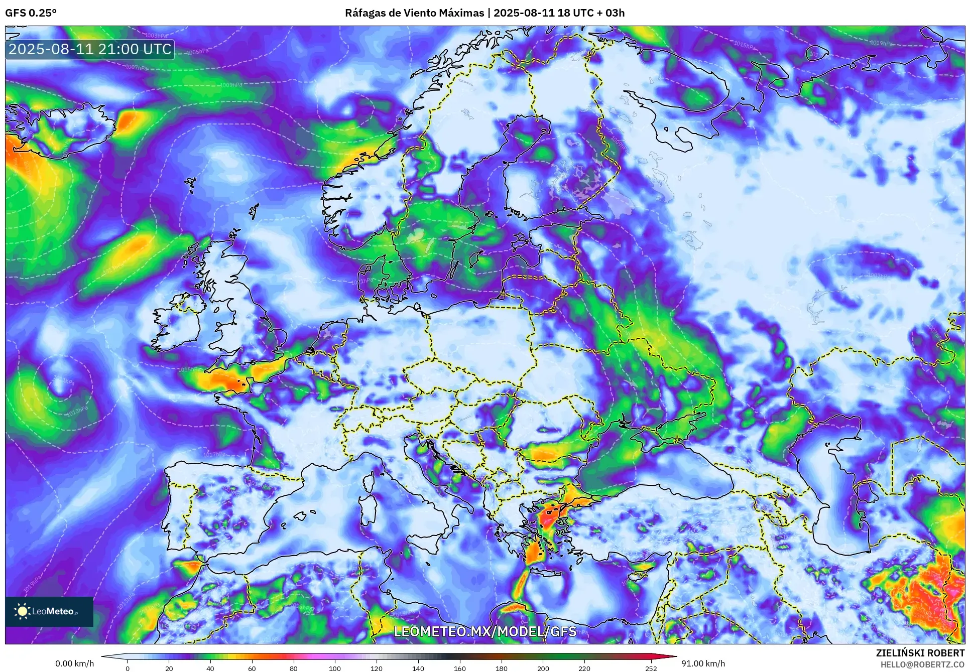 GFS model - Europa, Ráfagas de Viento Máximas GFS model - Europa, Ráfagas de Viento Máximas