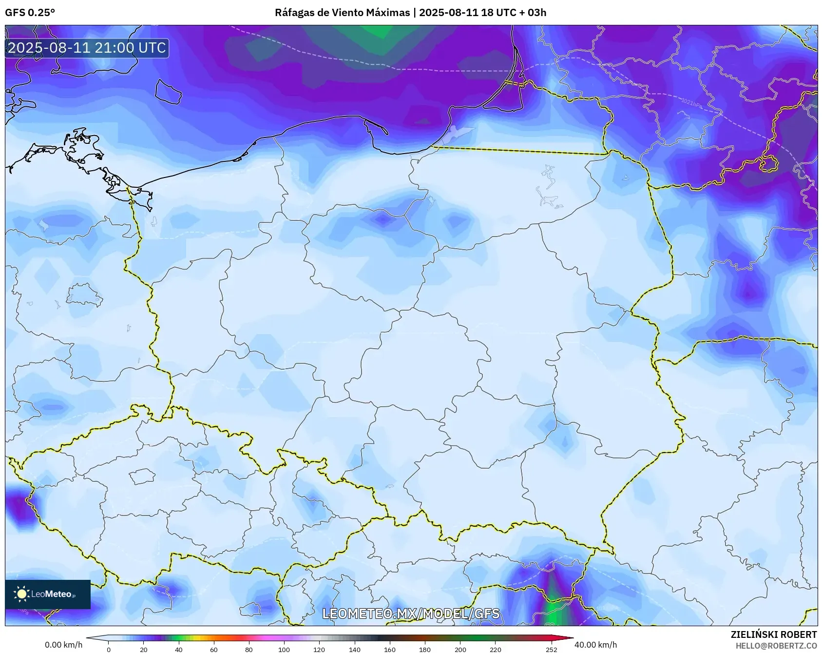 GFS model - Polonia, Ráfagas de Viento Máximas GFS model - Polonia, Ráfagas de Viento Máximas
