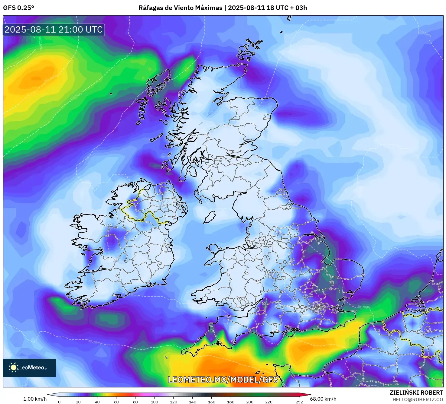 GFS model - Reino Unido, Ráfagas de Viento Máximas GFS model - Reino Unido, Ráfagas de Viento Máximas