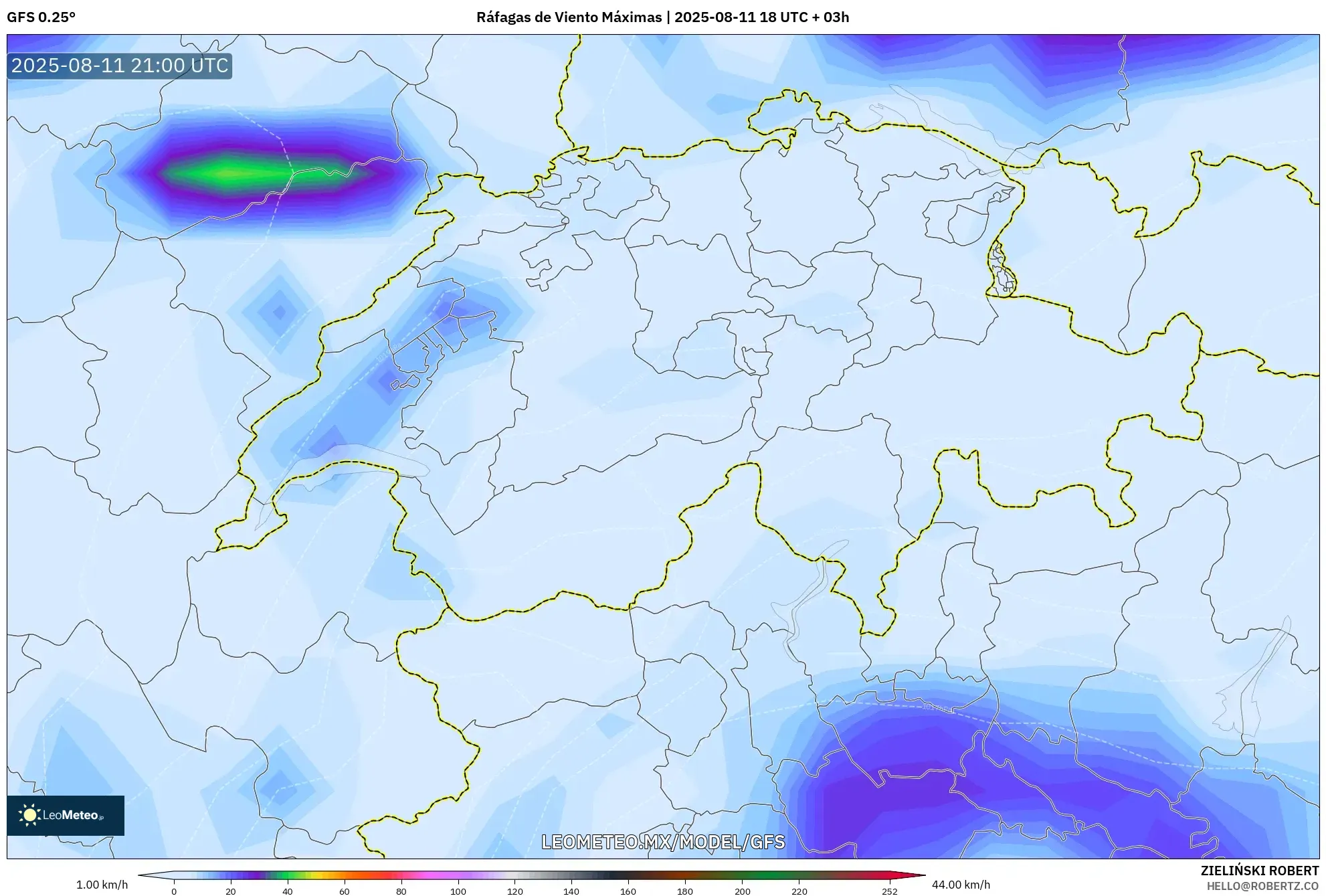 GFS model - Suiza, Ráfagas de Viento Máximas GFS model - Suiza, Ráfagas de Viento Máximas