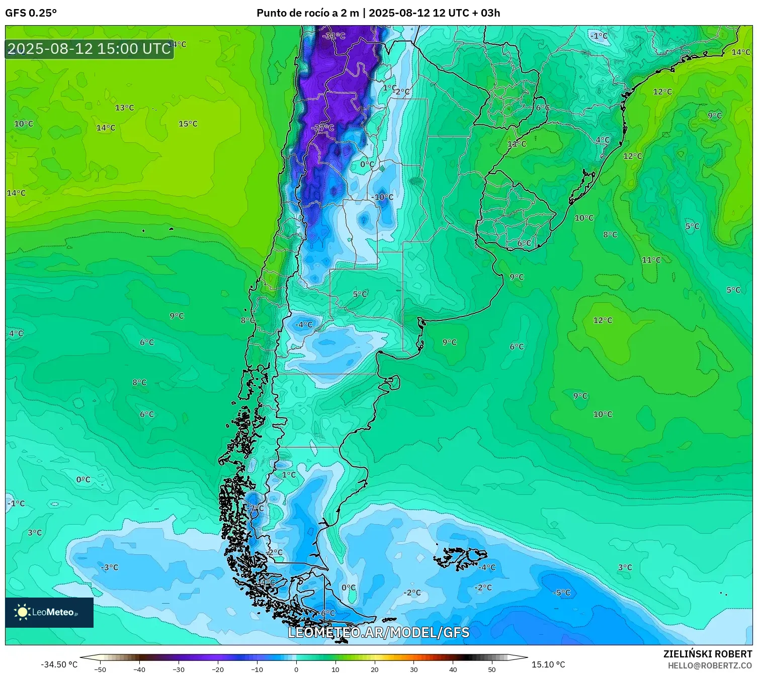 GFS model - Argentina, Punto de rocío a 2 m GFS model - Argentina, Punto de rocío a 2 m
