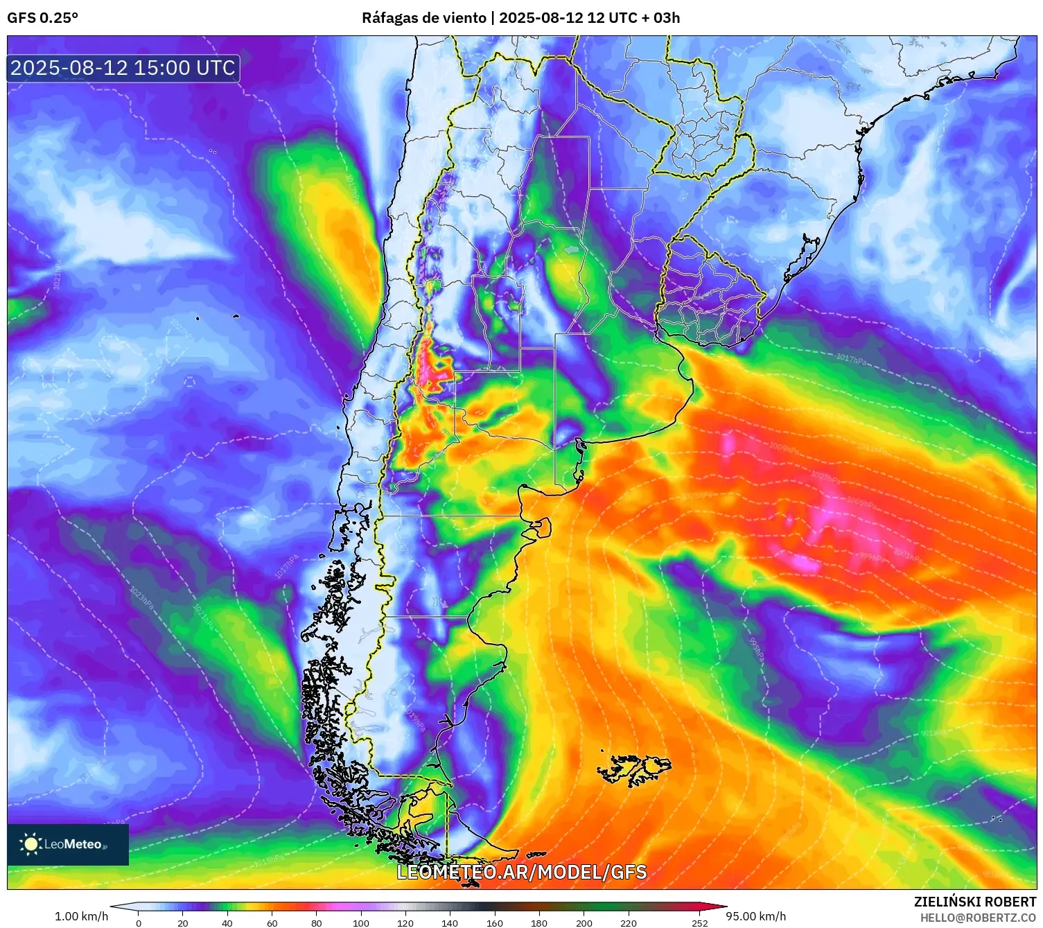 GFS model - Argentina, Ráfagas de viento GFS model - Argentina, Ráfagas de viento