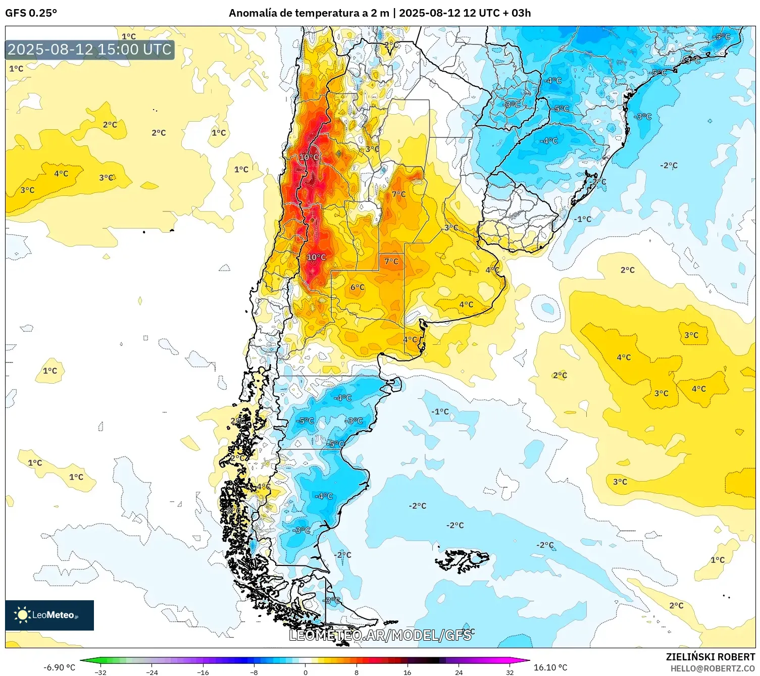 GFS model - Argentina, Anomalía de temperatura a 2 m GFS model - Argentina, Anomalía de temperatura a 2 m