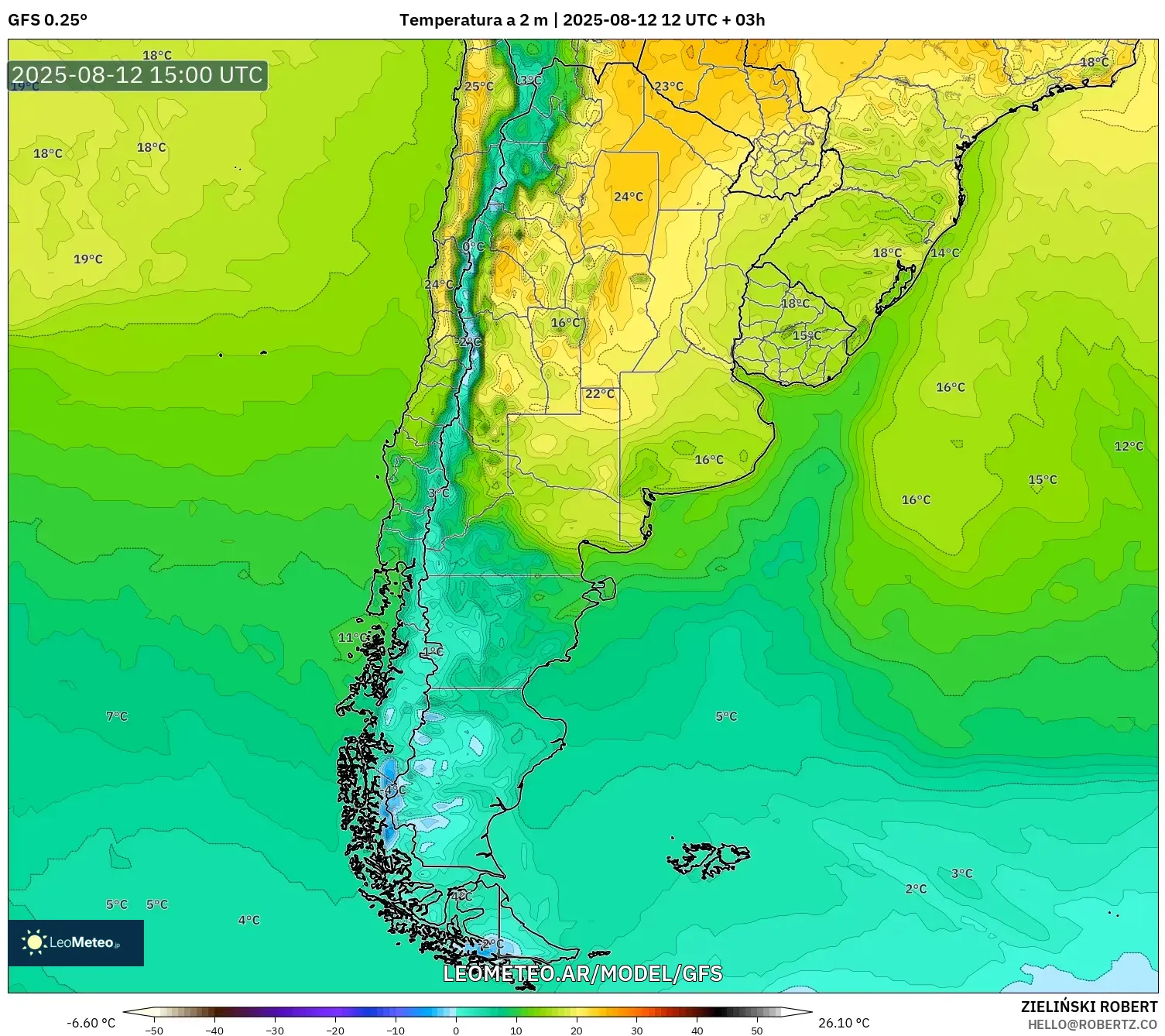 GFS model - Argentina, Temperatura a 2 m