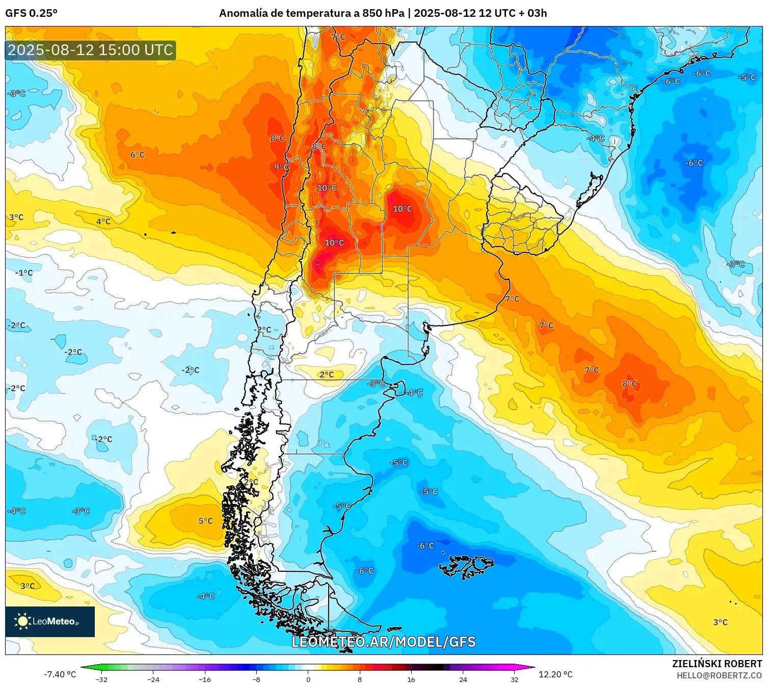 GFS model - Argentina, Anomalía de temperatura a 850 hPa