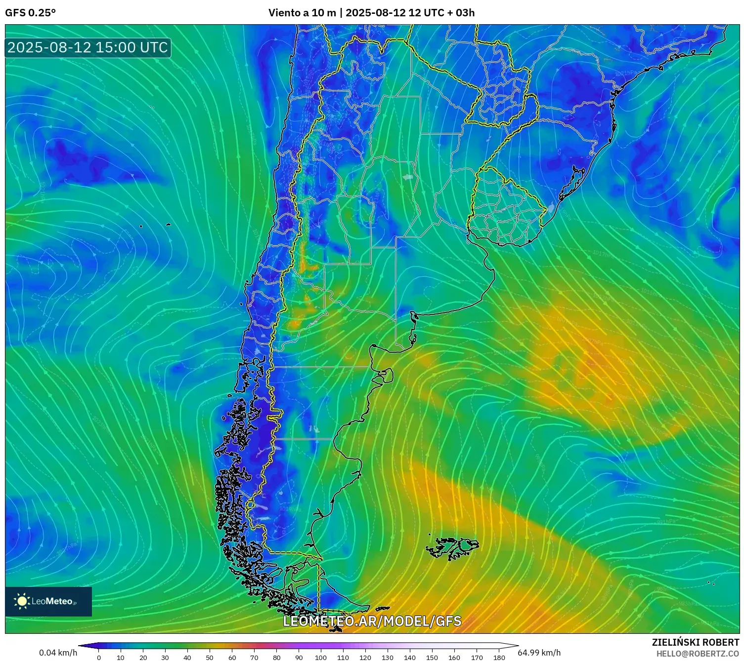GFS model - Argentina, Viento a 10 m GFS model - Argentina, Viento a 10 m