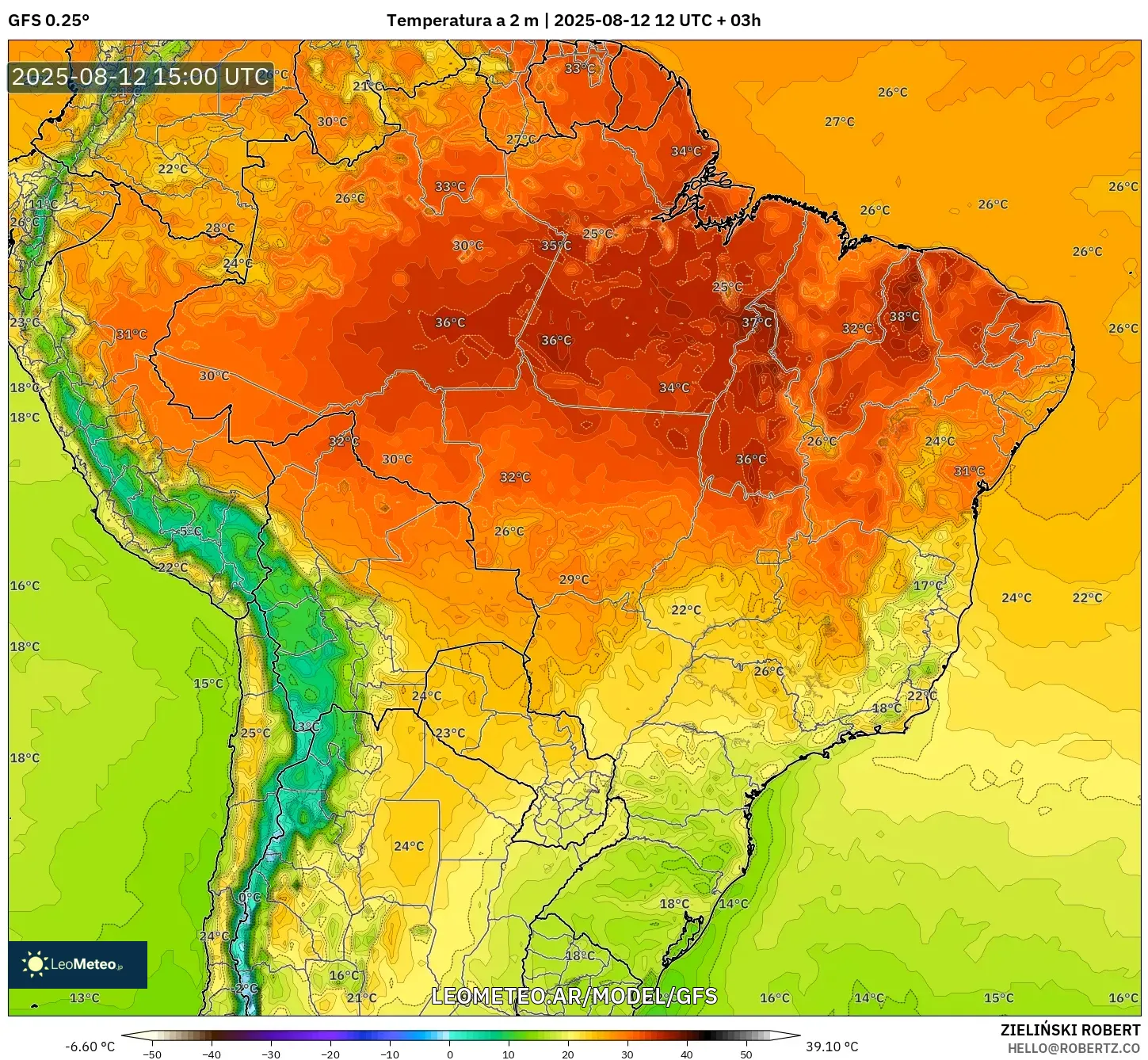 GFS model - Brasil, Temperatura a 2 m GFS model - Brasil, Temperatura a 2 m