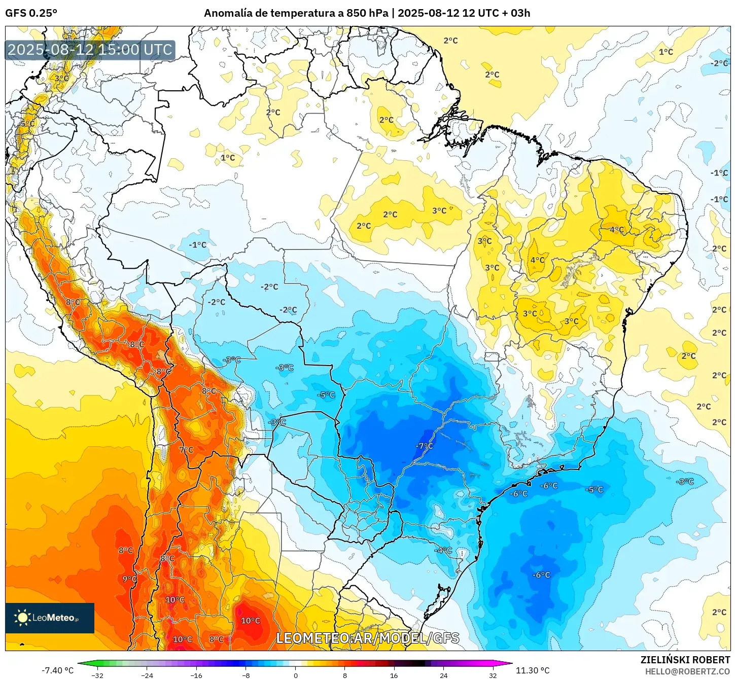 GFS model - Brasil, Anomalía de temperatura a 850 hPa