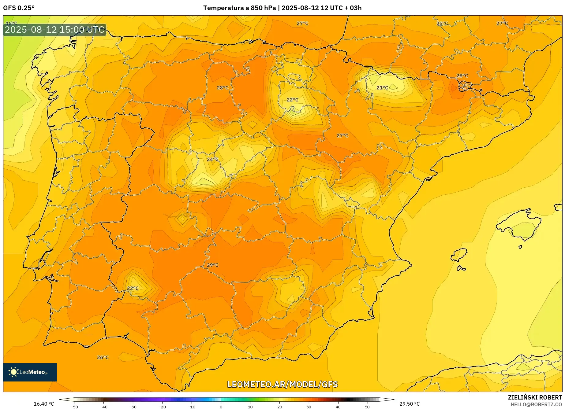 GFS model - España, Temperatura a 850 hPa GFS model - España, Temperatura a 850 hPa
