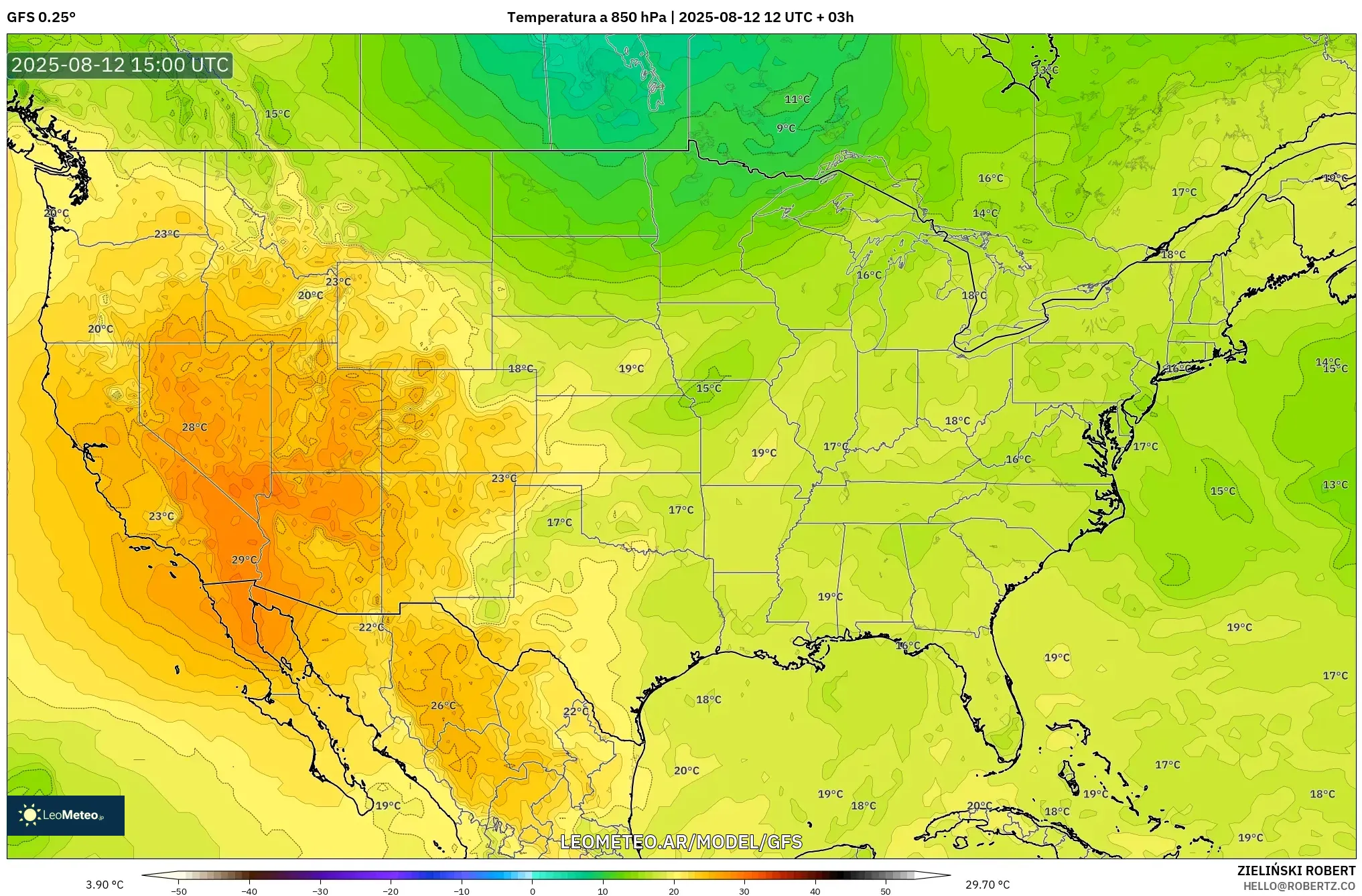 GFS model - Estados Unidos, Temperatura a 850 hPa GFS model - Estados Unidos, Temperatura a 850 hPa