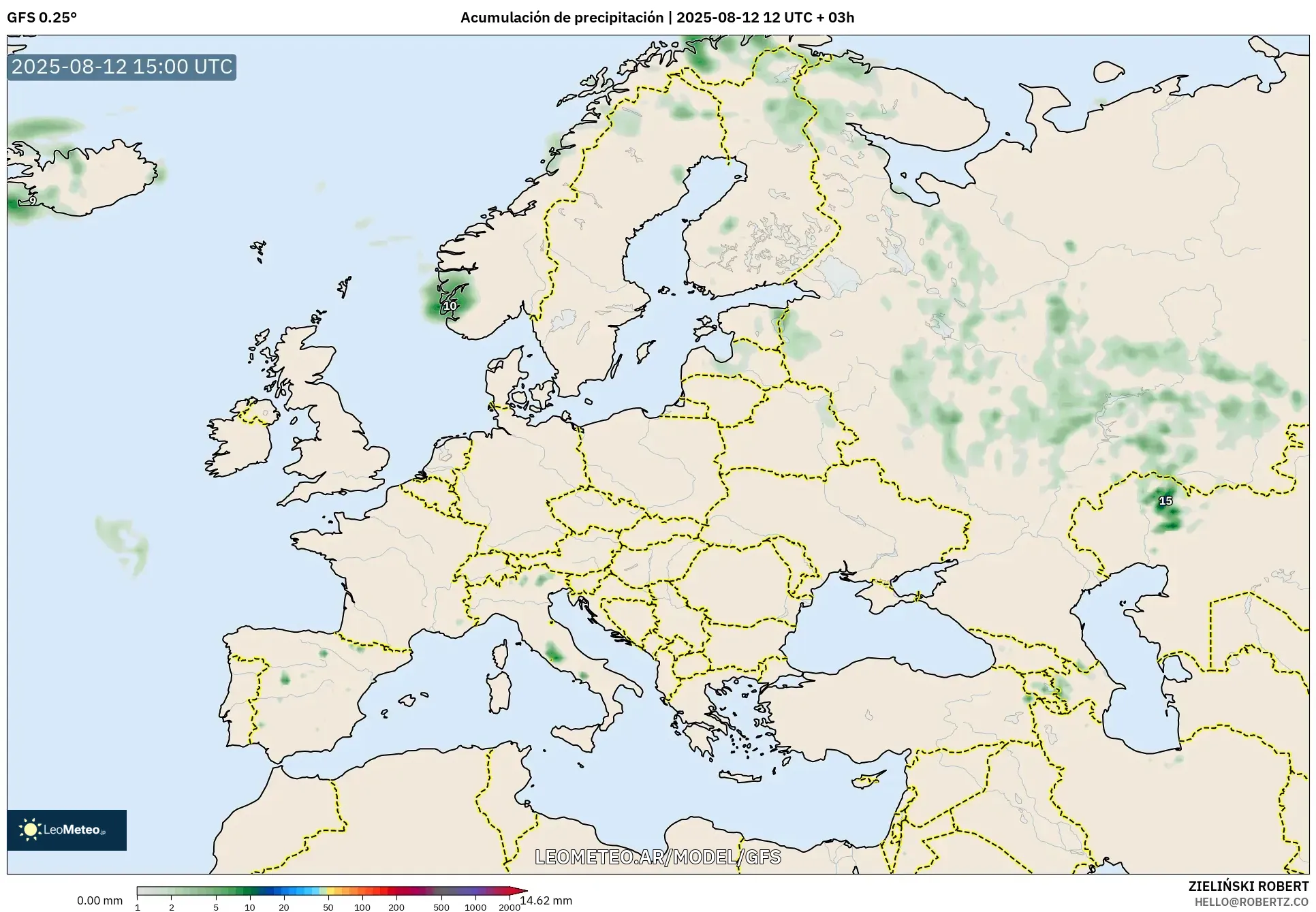 GFS model - Europa, Acumulación de precipitación GFS model - Europa, Acumulación de precipitación