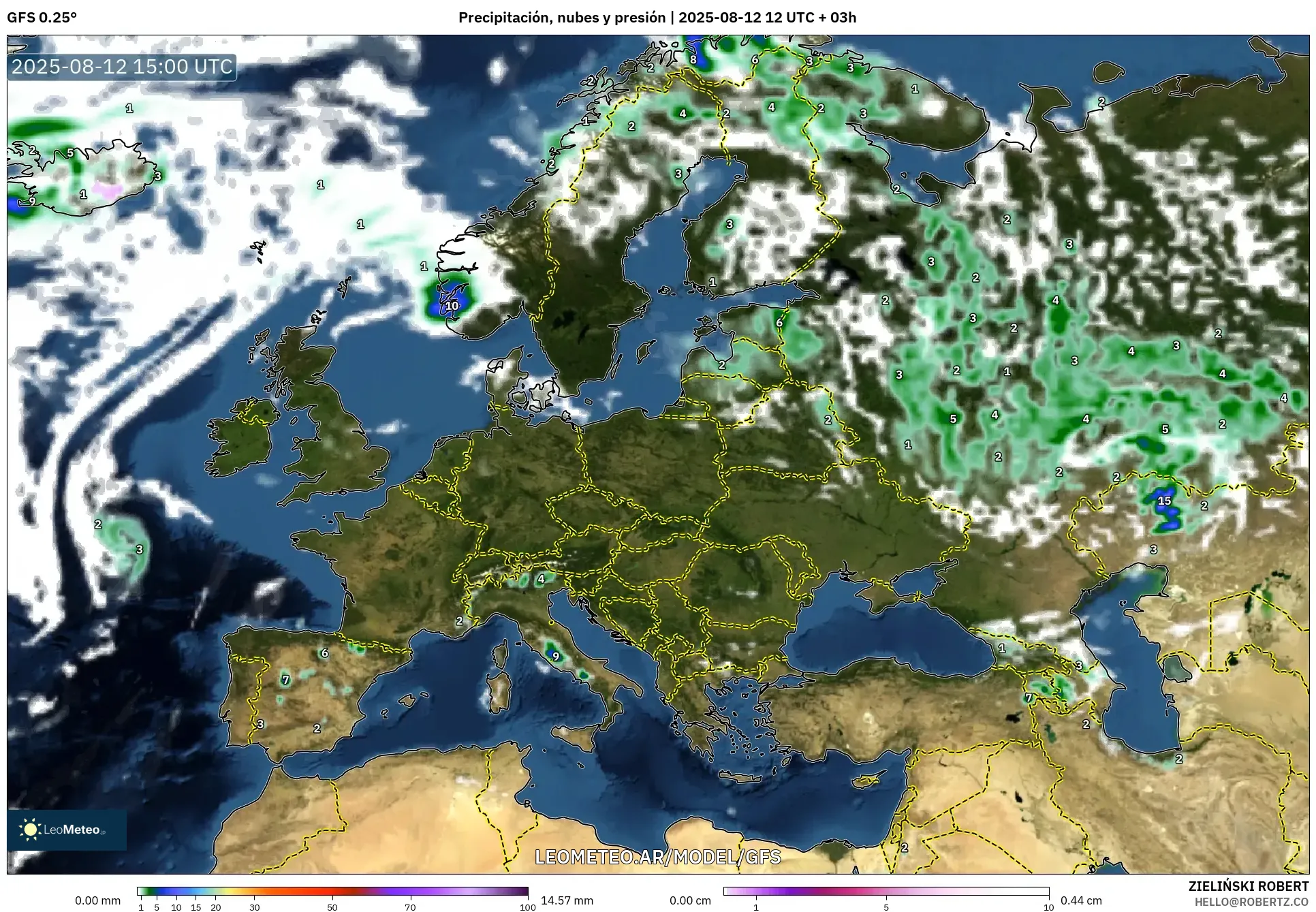 GFS model - Europa, Precipitación, nubes y presión GFS model - Europa, Precipitación, nubes y presión