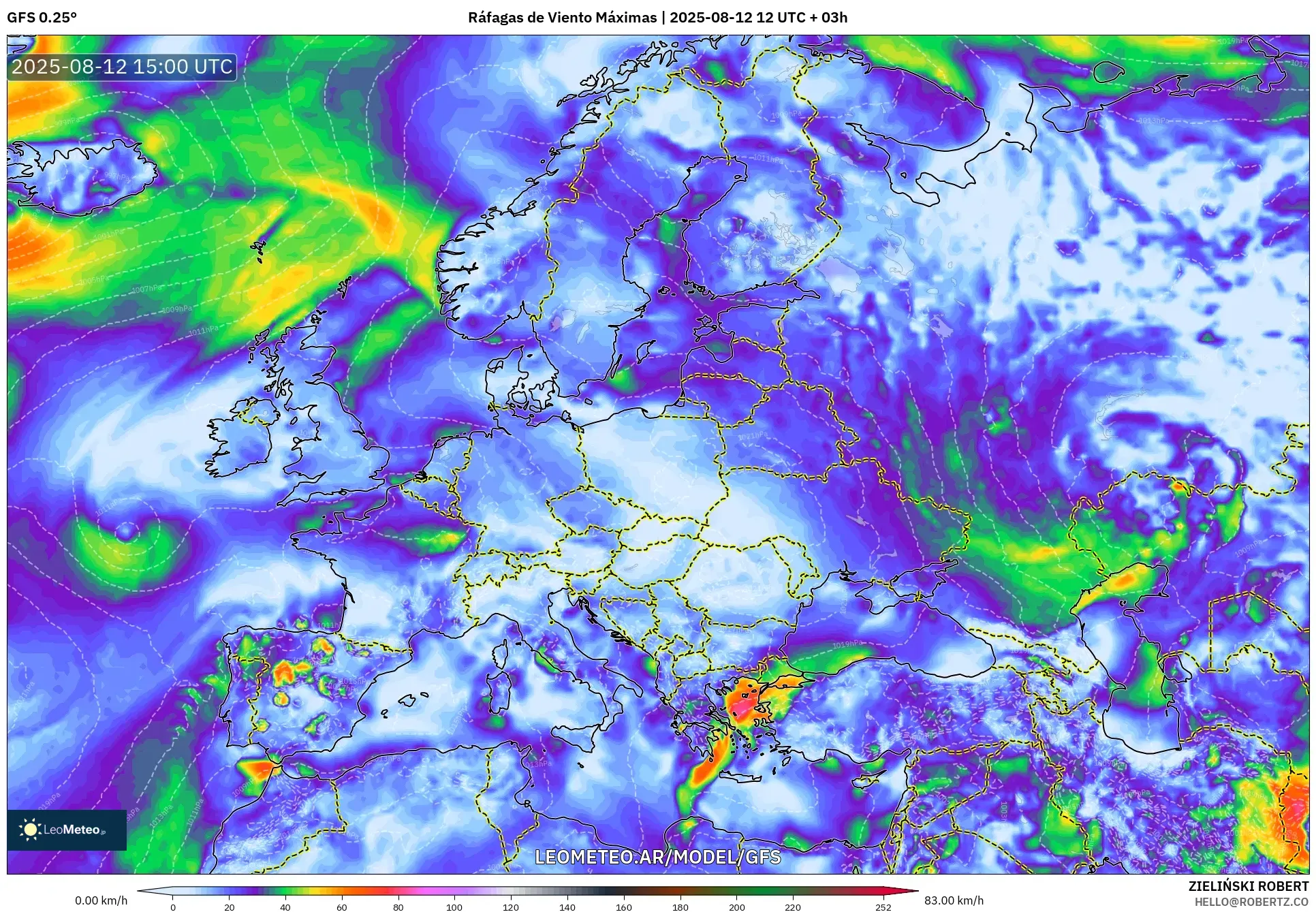 GFS model - Europa, Ráfagas de Viento Máximas GFS model - Europa, Ráfagas de Viento Máximas