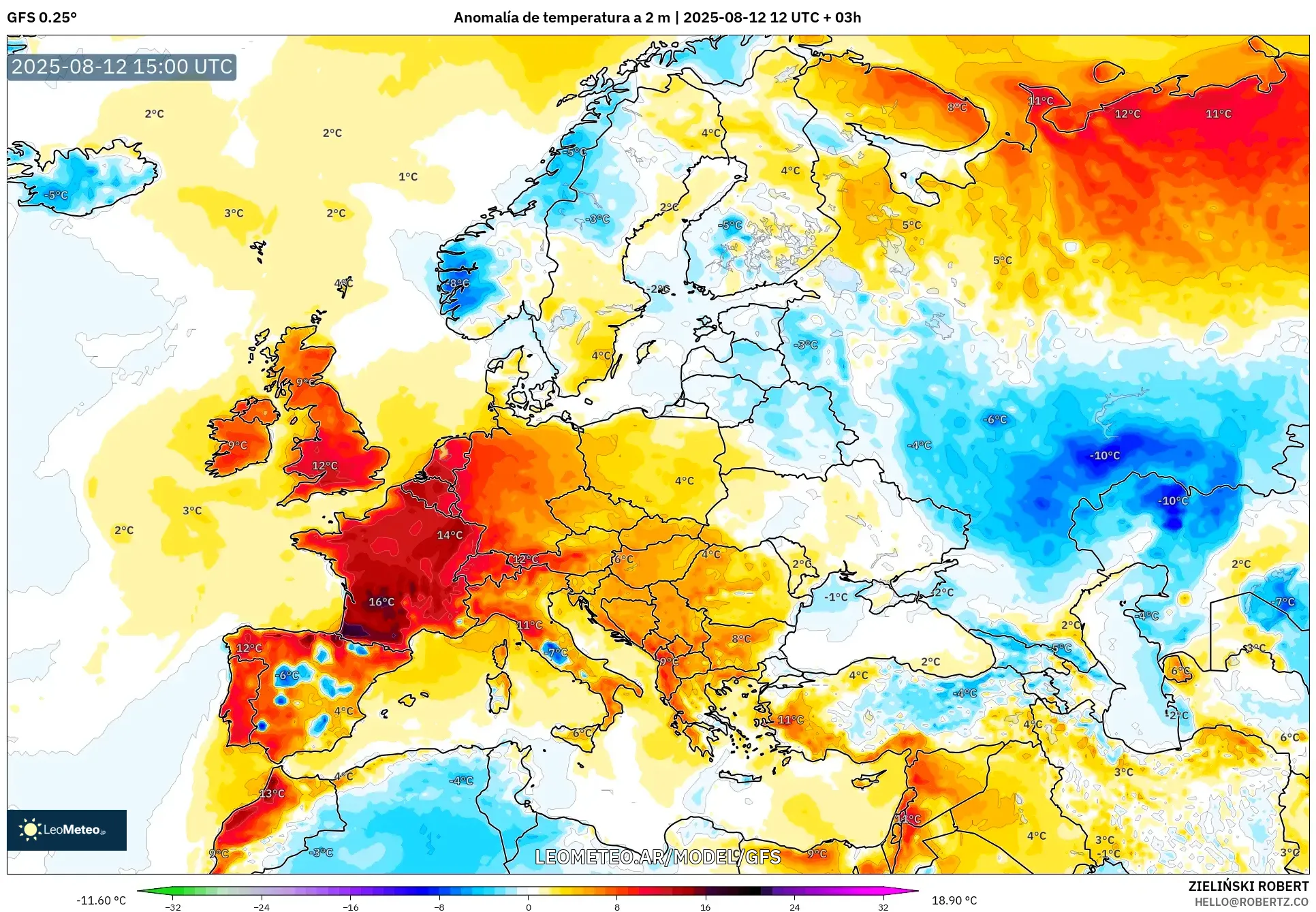 GFS model - Europa, Anomalía de temperatura a 2 m GFS model - Europa, Anomalía de temperatura a 2 m