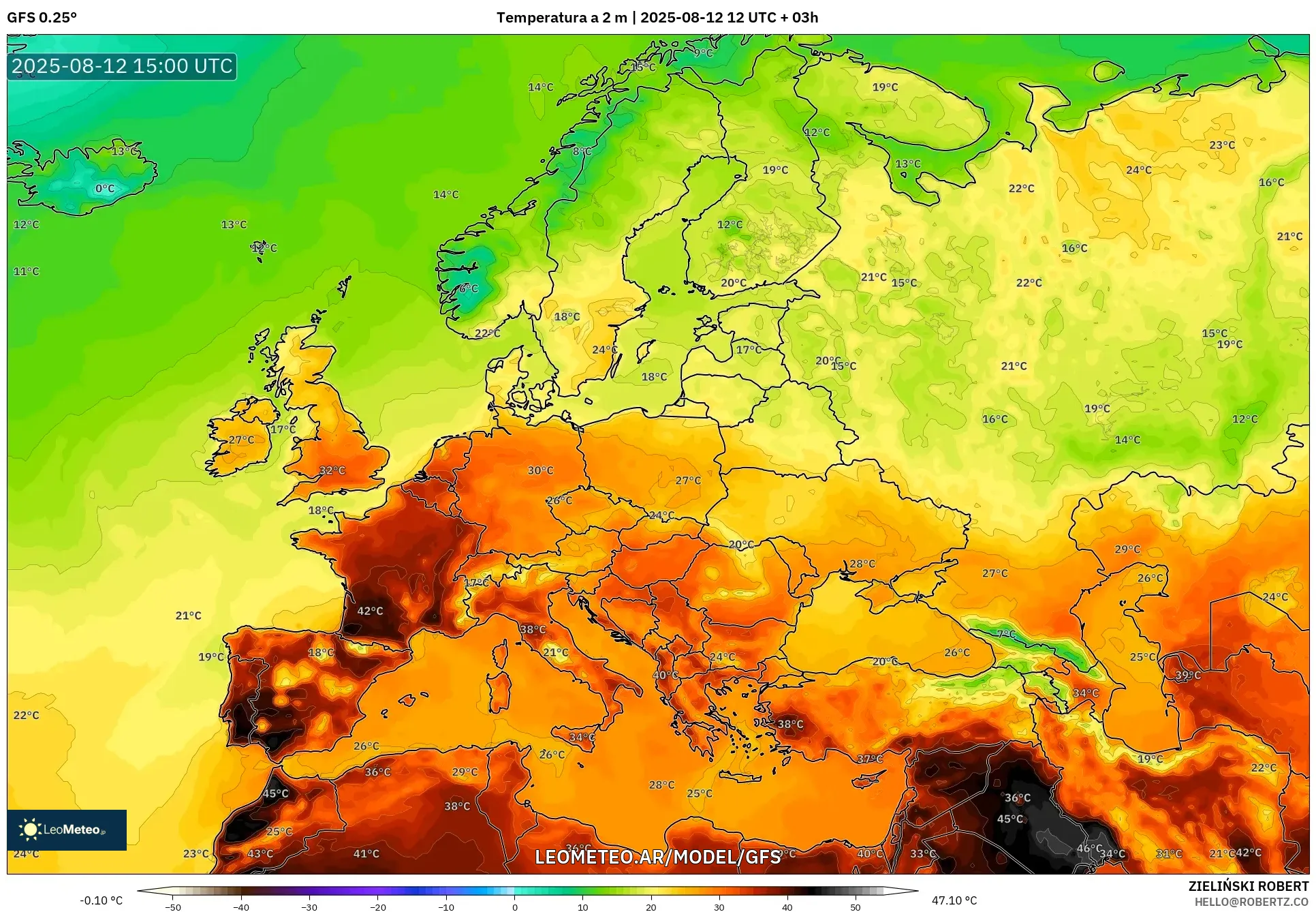GFS model - Europa, Temperatura a 2 m