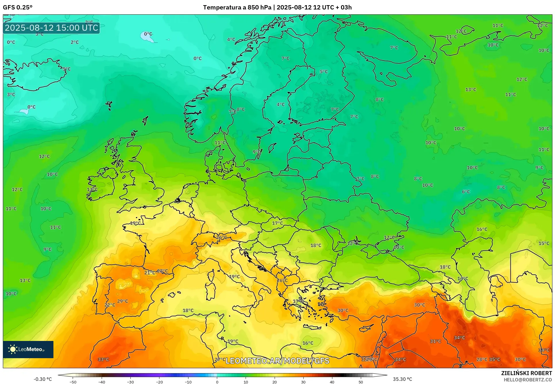 GFS model - Europa, Temperatura a 850 hPa GFS model - Europa, Temperatura a 850 hPa