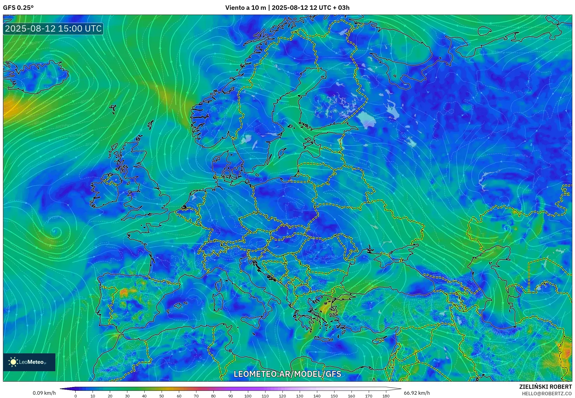 GFS model - Europa, Viento a 10 m