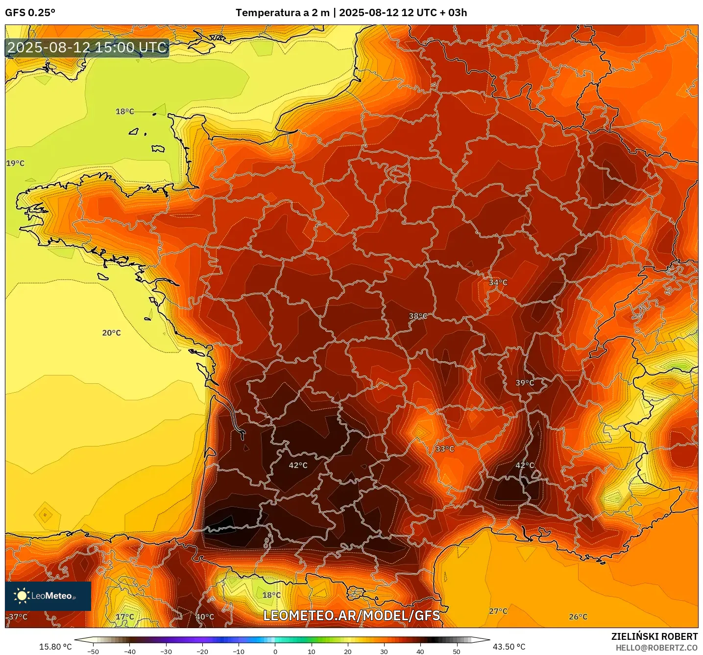GFS model - Francia, Temperatura a 2 m GFS model - Francia, Temperatura a 2 m