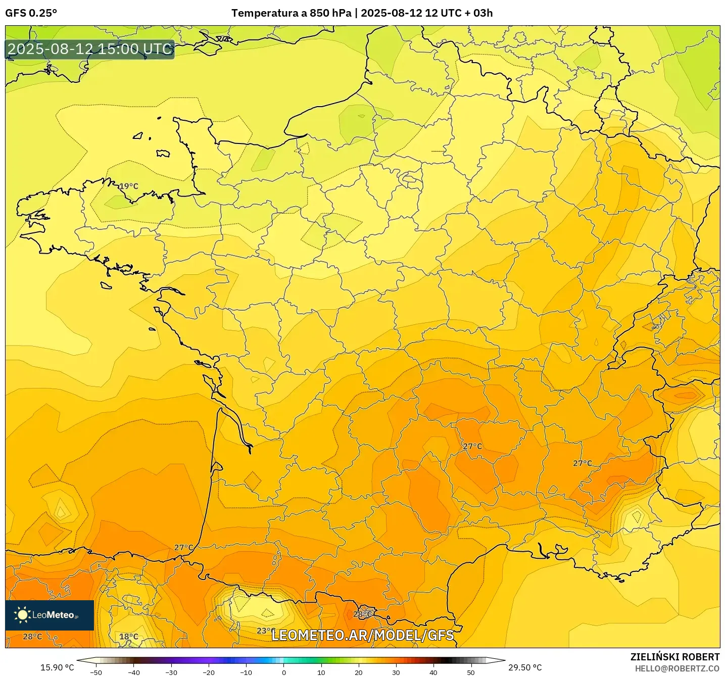 GFS model - Francia, Temperatura a 850 hPa GFS model - Francia, Temperatura a 850 hPa