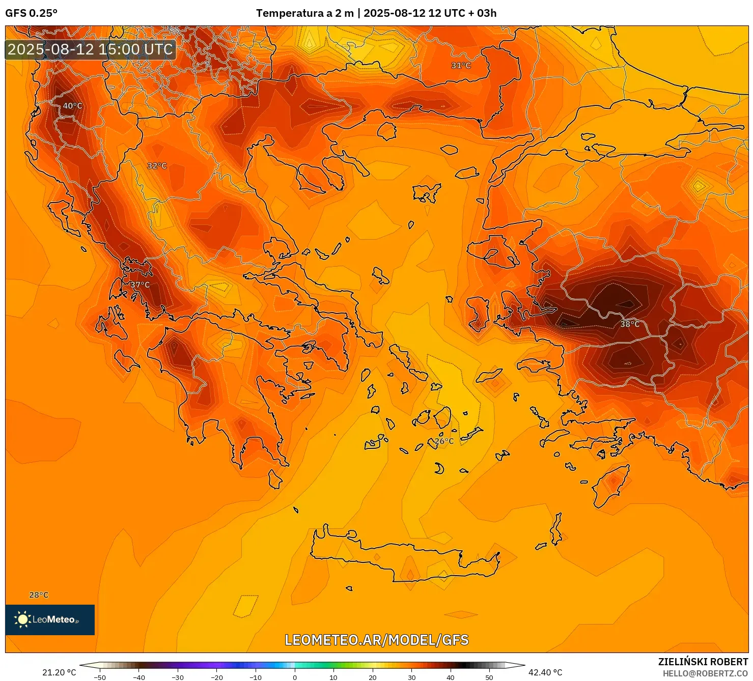 GFS model - Grecia, Temperatura a 2 m GFS model - Grecia, Temperatura a 2 m