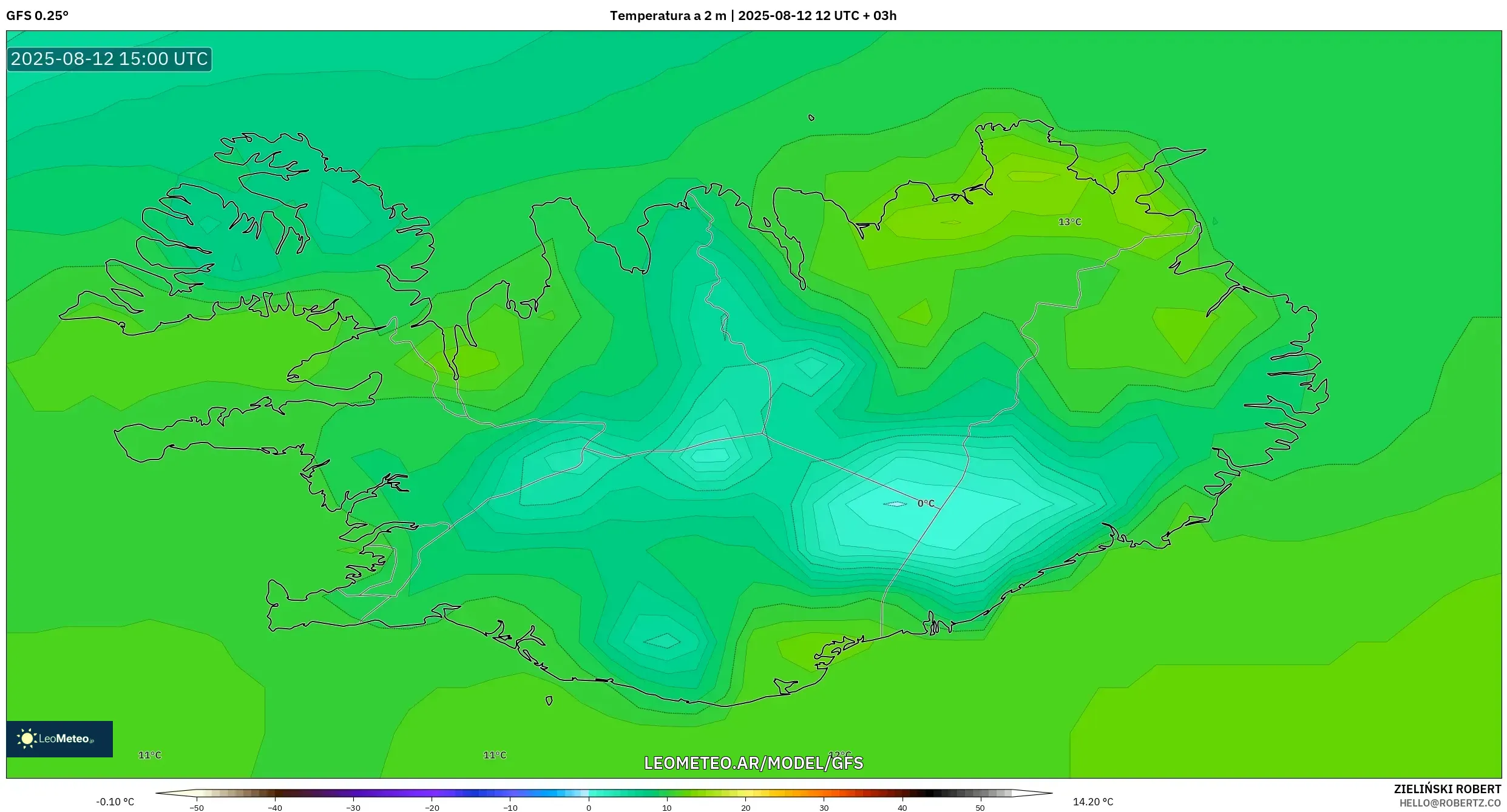 GFS model - Islandia, Temperatura a 2 m GFS model - Islandia, Temperatura a 2 m