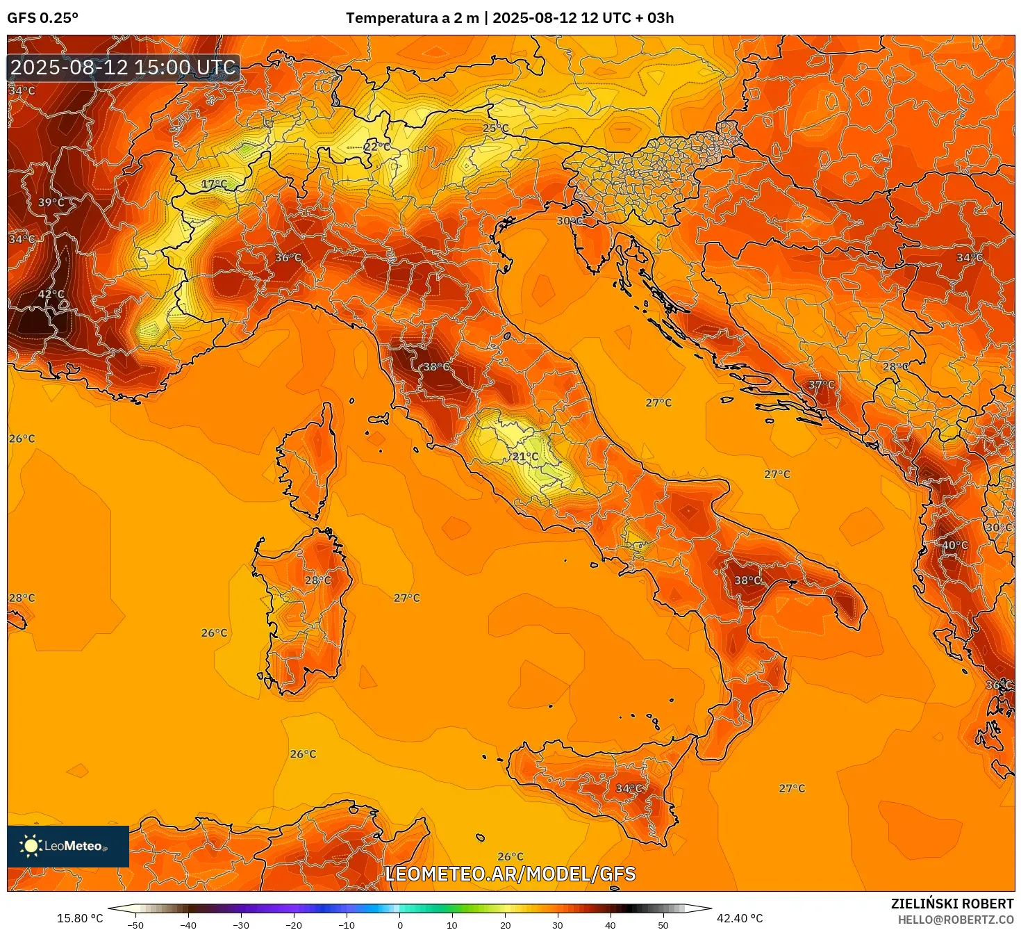 GFS model - Italia, Temperatura a 2 m
