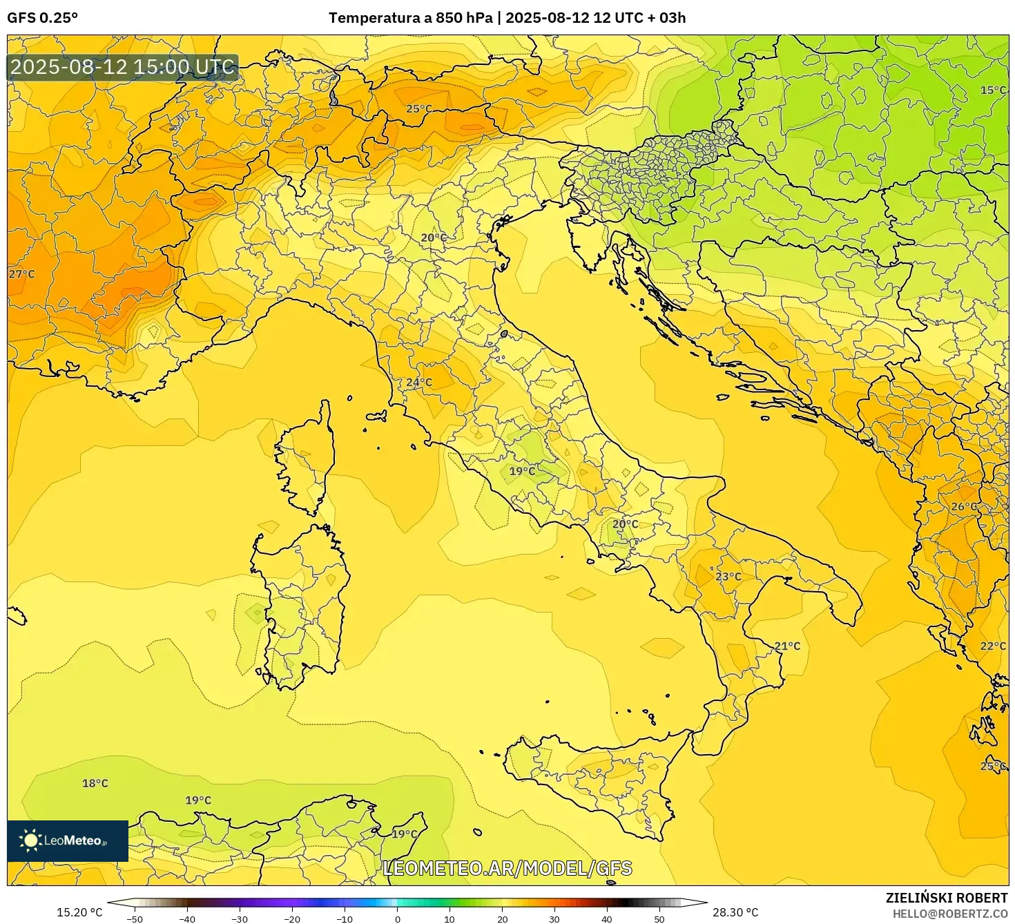 GFS model - Italia, Temperatura a 850 hPa