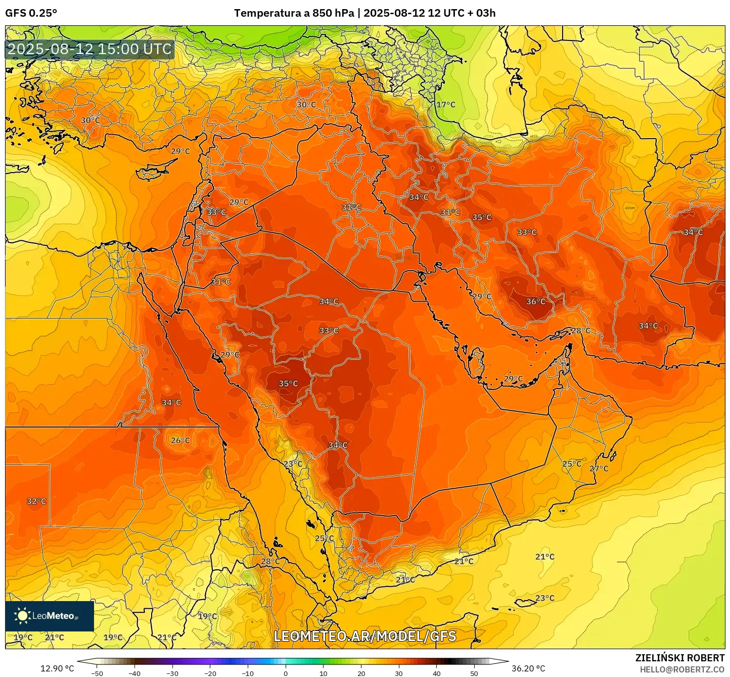 GFS model - Oriente Medio, Temperatura a 850 hPa GFS model - Oriente Medio, Temperatura a 850 hPa