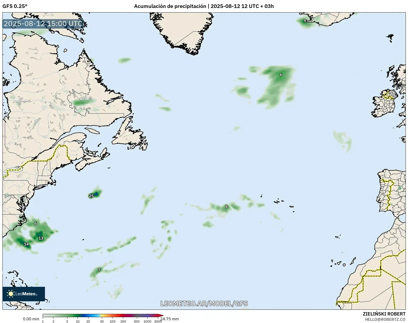 GFS model - Norte Atlántico, Acumulación de precipitación
