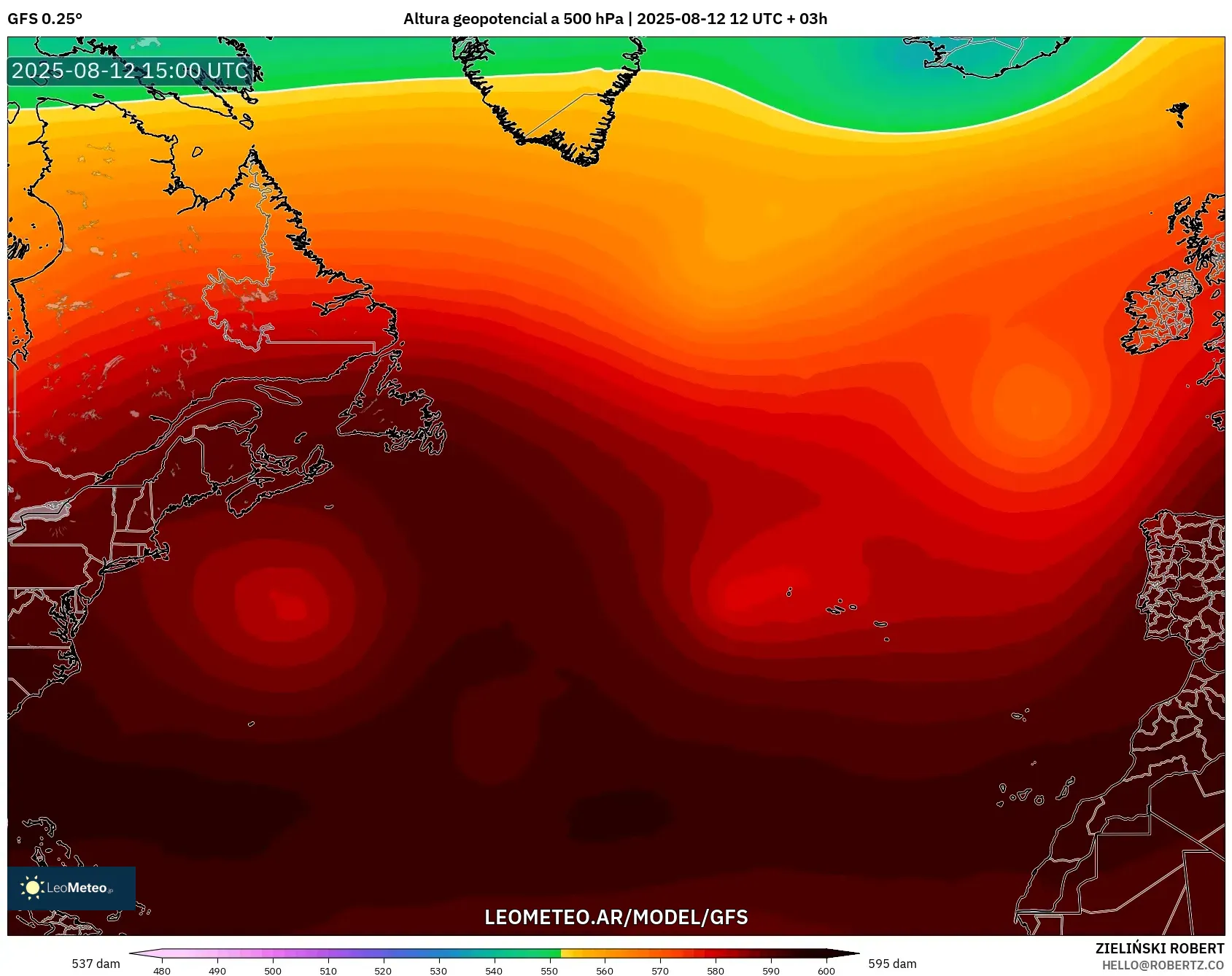 GFS model - Norte Atlántico, Altura geopotencial a 500 hPa GFS model - Norte Atlántico, Altura geopotencial a 500 hPa