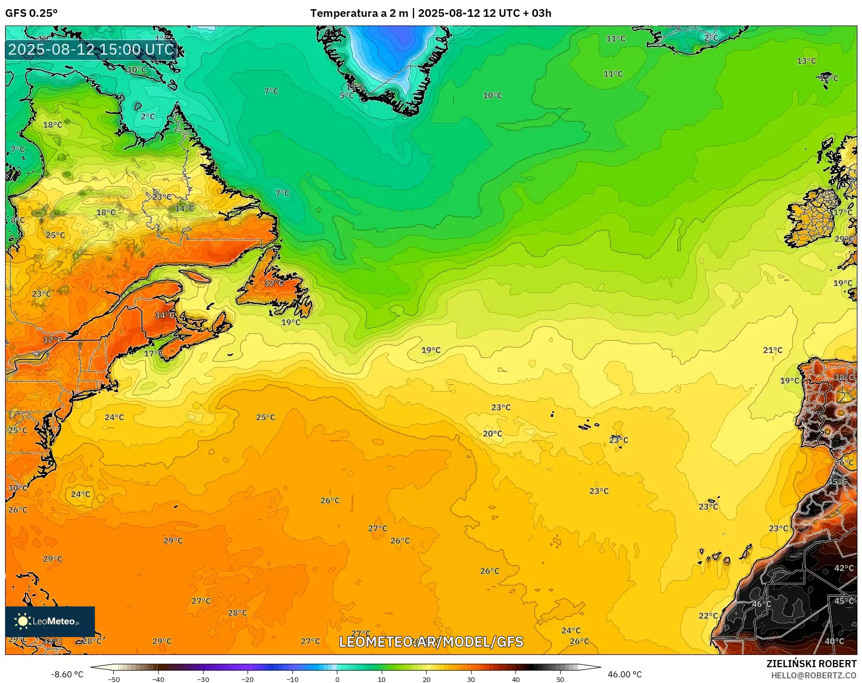 GFS model - Norte Atlántico, Temperatura a 2 m GFS model - Norte Atlántico, Temperatura a 2 m