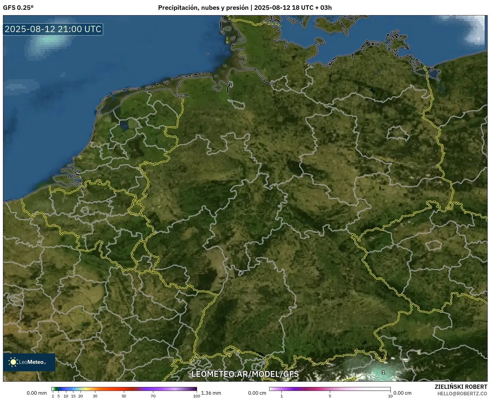GFS model - Alemania, Precipitación, nubes y presión GFS model - Alemania, Precipitación, nubes y presión