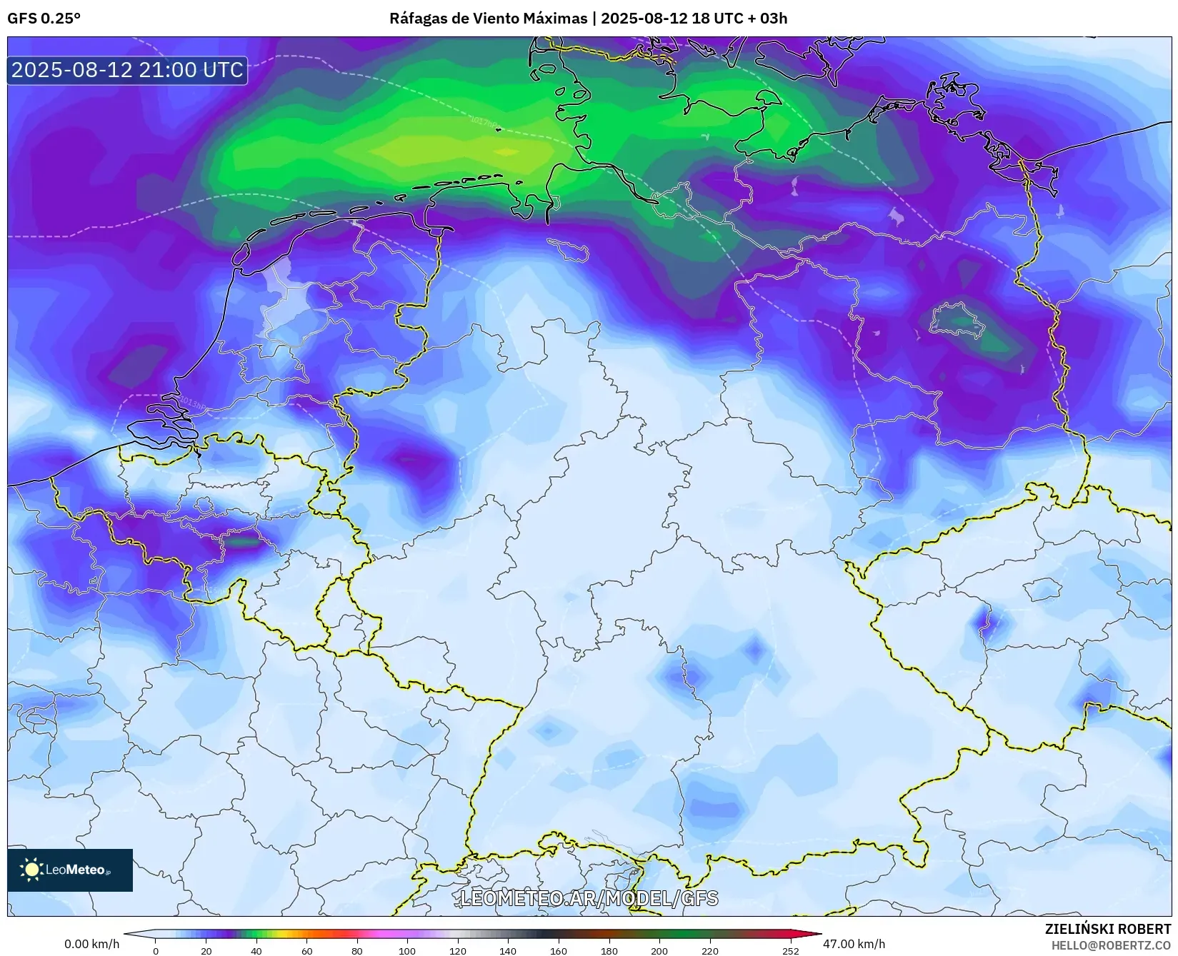 GFS model - Alemania, Ráfagas de Viento Máximas GFS model - Alemania, Ráfagas de Viento Máximas