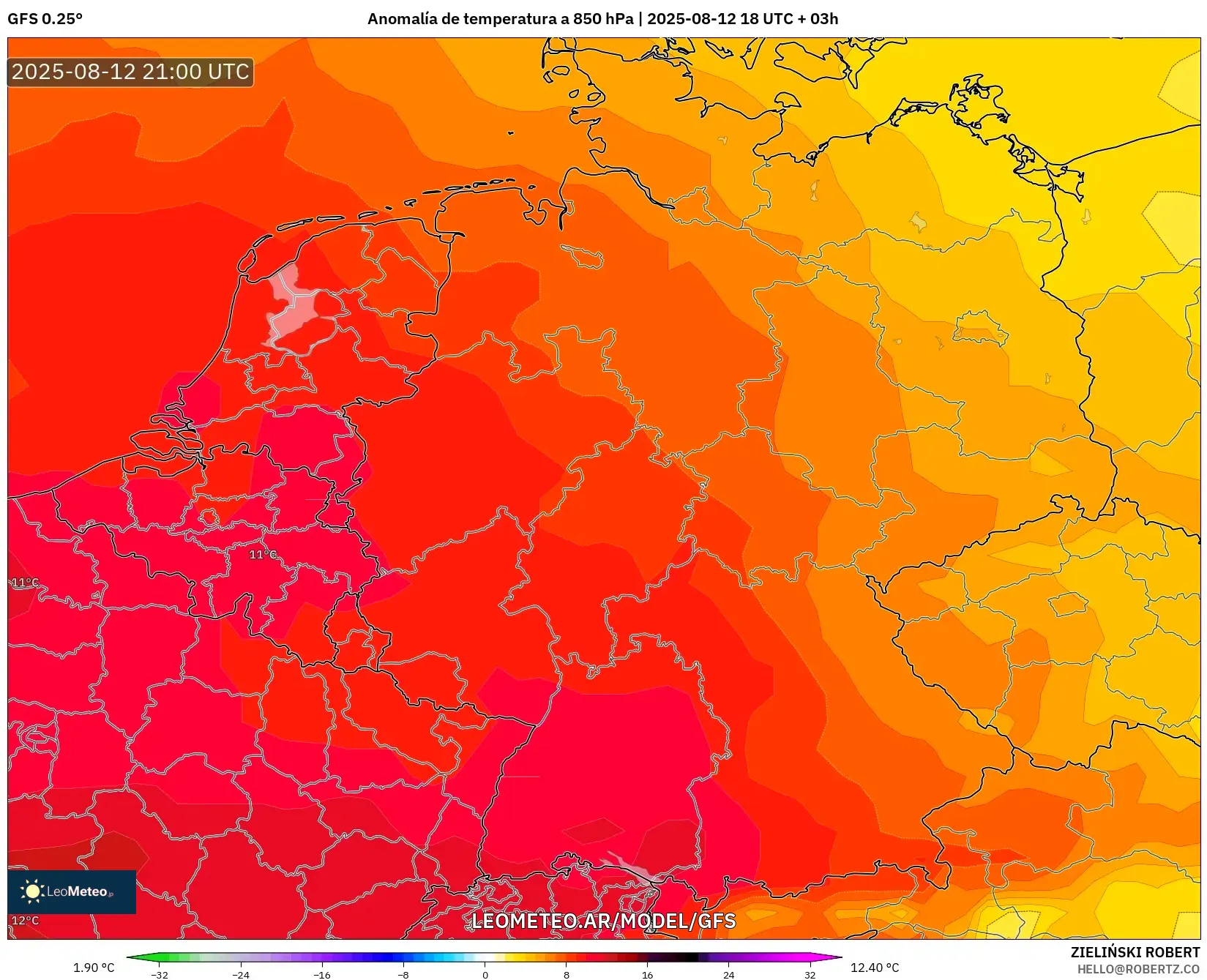 GFS model - Alemania, Anomalía de temperatura a 850 hPa GFS model - Alemania, Anomalía de temperatura a 850 hPa