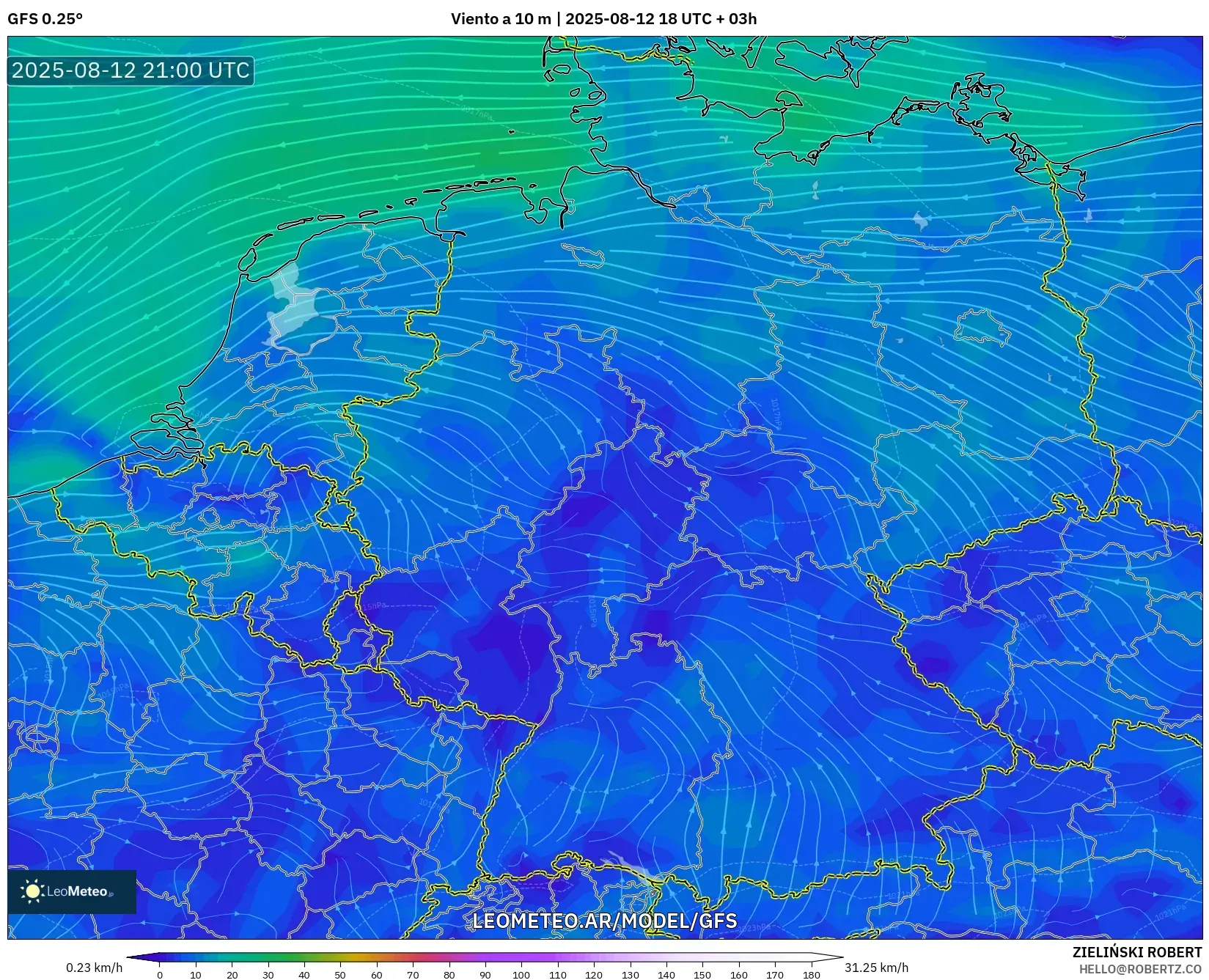 GFS model - Alemania, Viento a 10 m GFS model - Alemania, Viento a 10 m