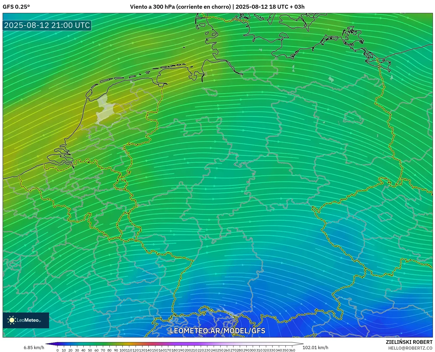 GFS model - Alemania, Viento a 300 hPa (corriente en chorro) GFS model - Alemania, Viento a 300 hPa (corriente en chorro)