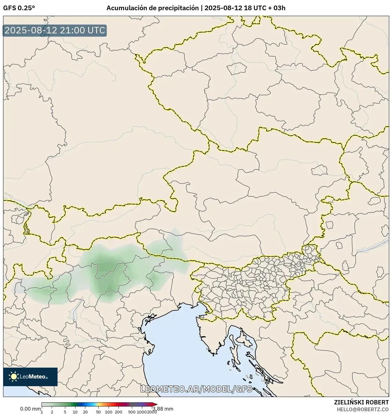GFS model - Austria, Acumulación de precipitación GFS model - Austria, Acumulación de precipitación