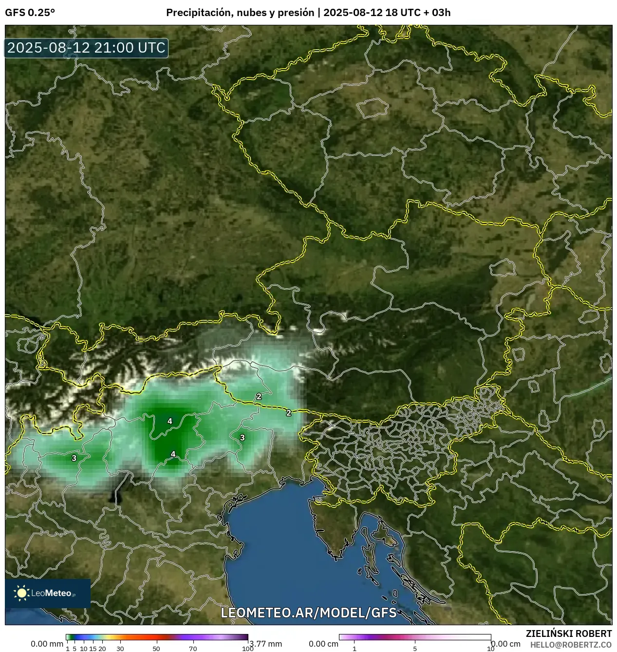 GFS model - Austria, Precipitación, nubes y presión