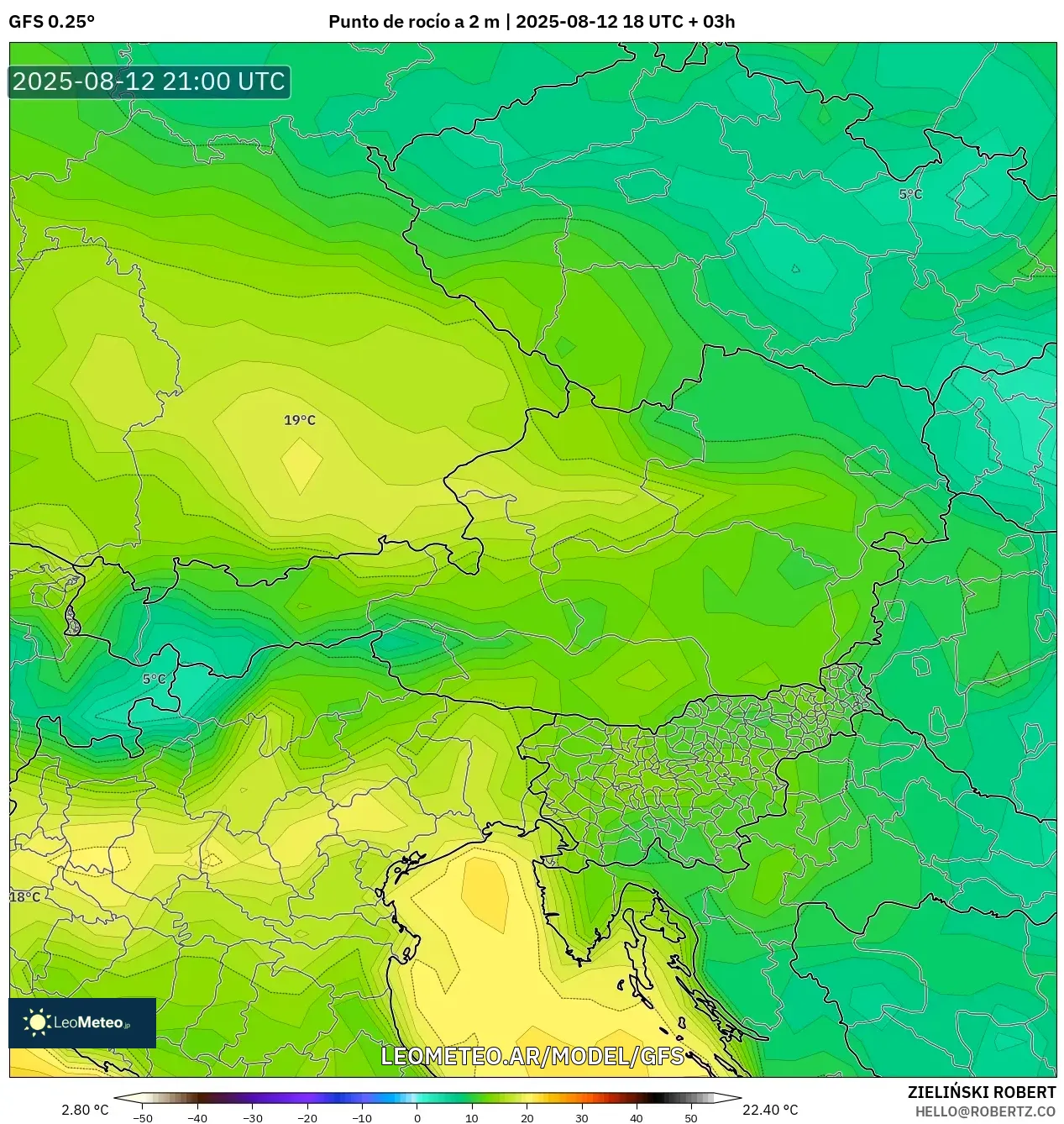 GFS model - Austria, Punto de rocío a 2 m GFS model - Austria, Punto de rocío a 2 m