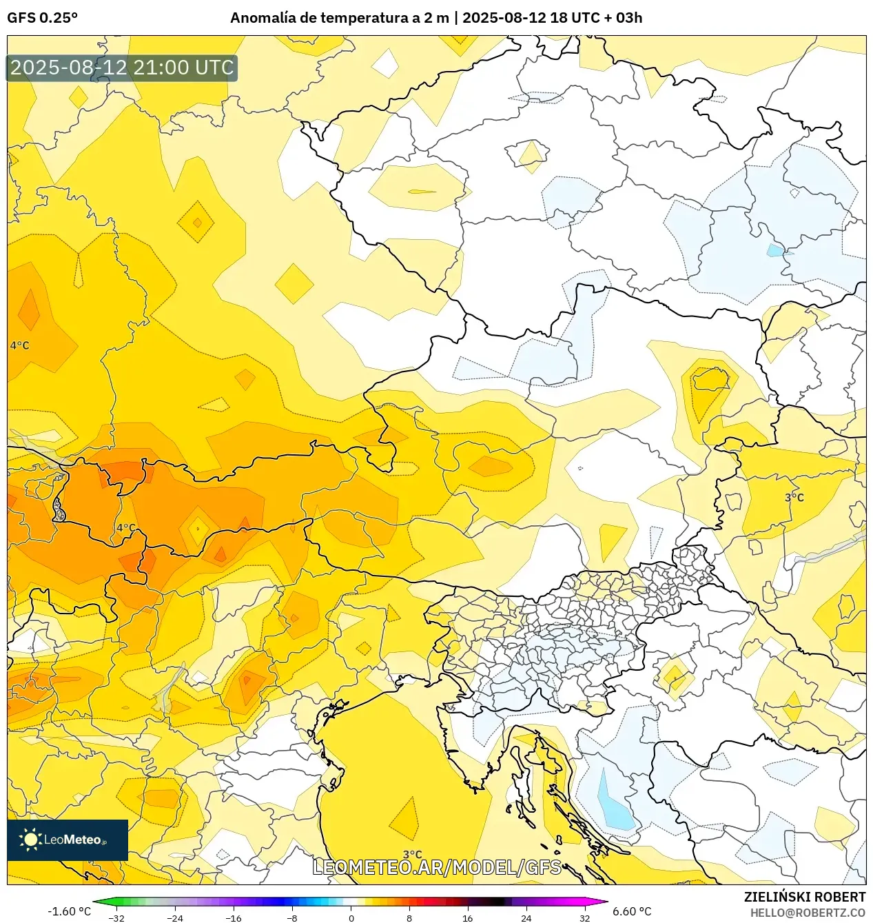 GFS model - Austria, Anomalía de temperatura a 2 m GFS model - Austria, Anomalía de temperatura a 2 m