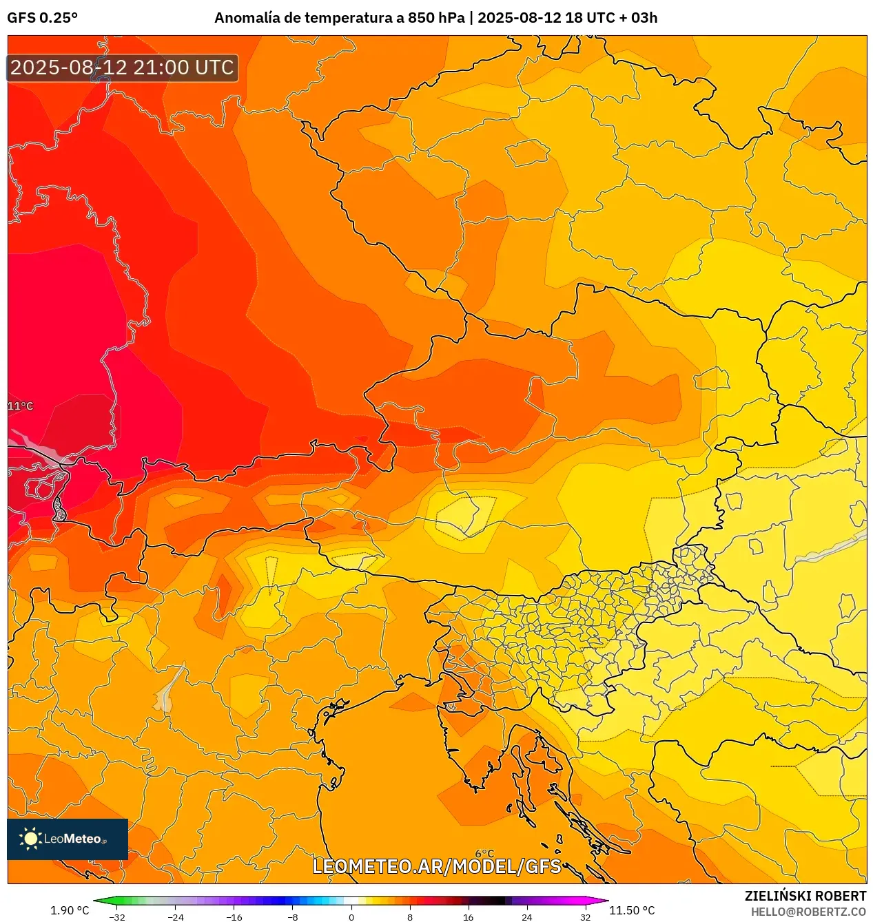 GFS model - Austria, Anomalía de temperatura a 850 hPa GFS model - Austria, Anomalía de temperatura a 850 hPa