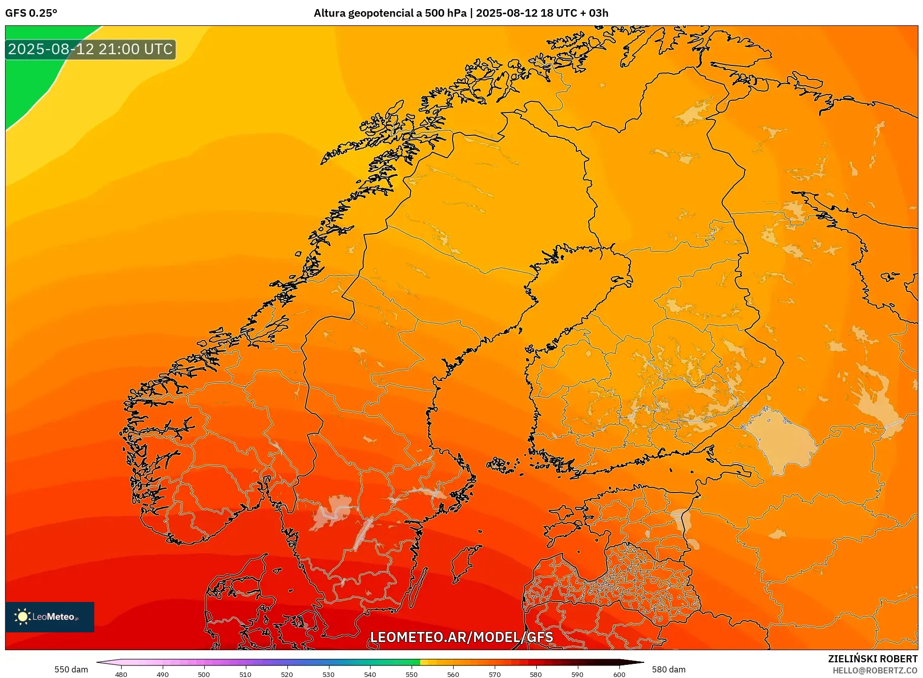 GFS model - Escandinavia, Altura geopotencial a 500 hPa GFS model - Escandinavia, Altura geopotencial a 500 hPa