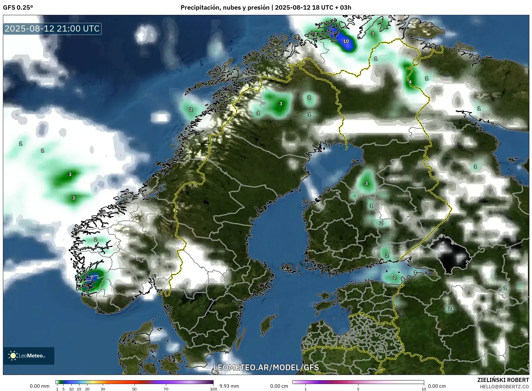 GFS model - Escandinavia, Precipitación, nubes y presión GFS model - Escandinavia, Precipitación, nubes y presión