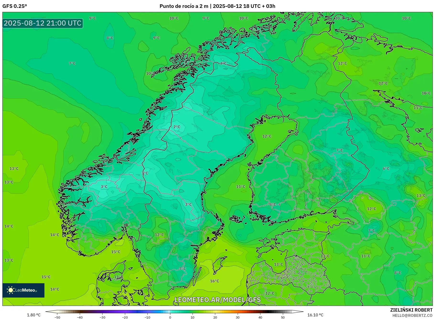 GFS model - Escandinavia, Punto de rocío a 2 m GFS model - Escandinavia, Punto de rocío a 2 m