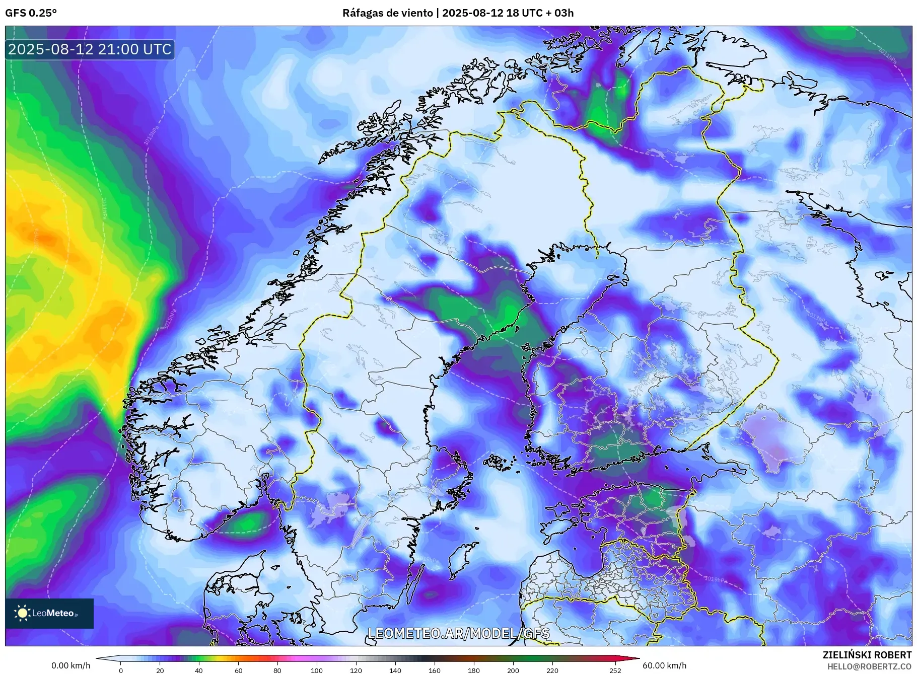 GFS model - Escandinavia, Ráfagas de viento GFS model - Escandinavia, Ráfagas de viento