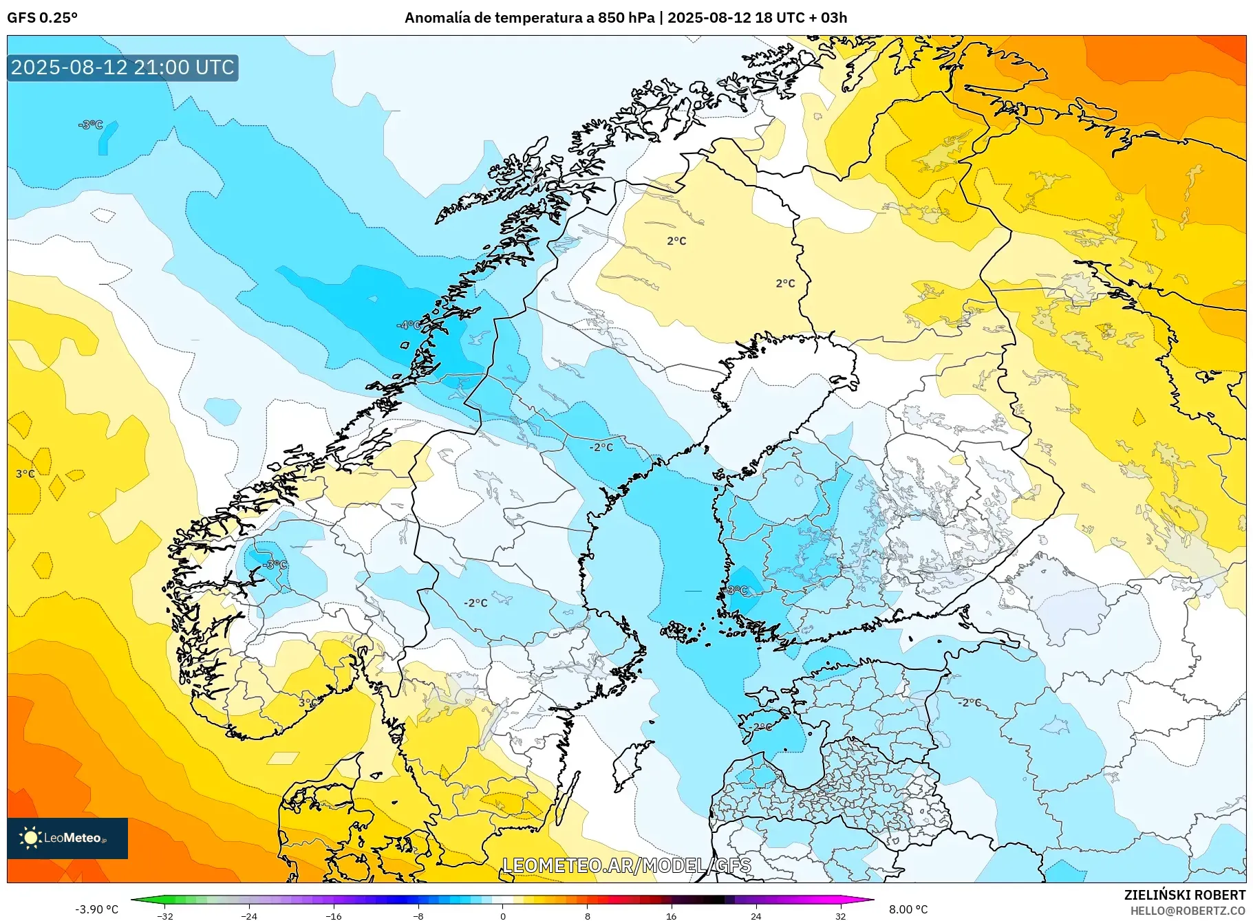 GFS model - Escandinavia, Anomalía de temperatura a 850 hPa GFS model - Escandinavia, Anomalía de temperatura a 850 hPa
