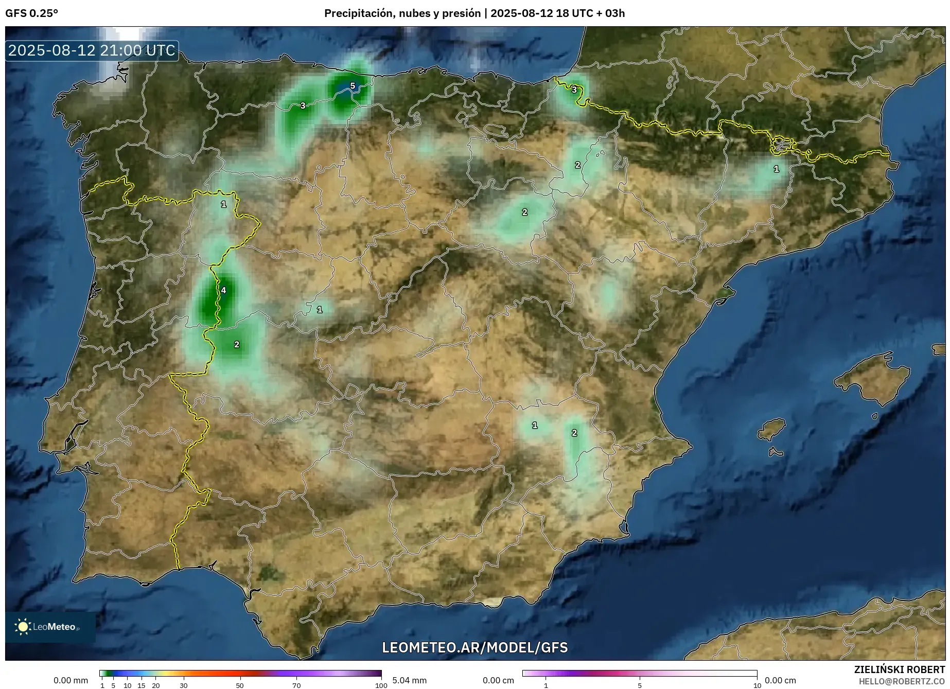 GFS model - España, Precipitación, nubes y presión GFS model - España, Precipitación, nubes y presión