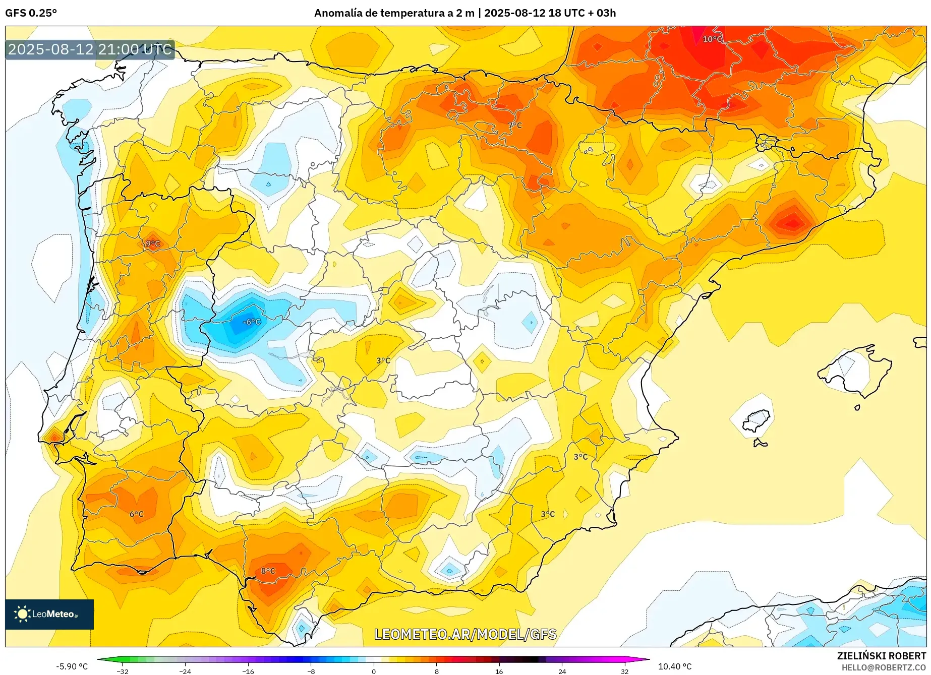 GFS model - España, Anomalía de temperatura a 2 m GFS model - España, Anomalía de temperatura a 2 m
