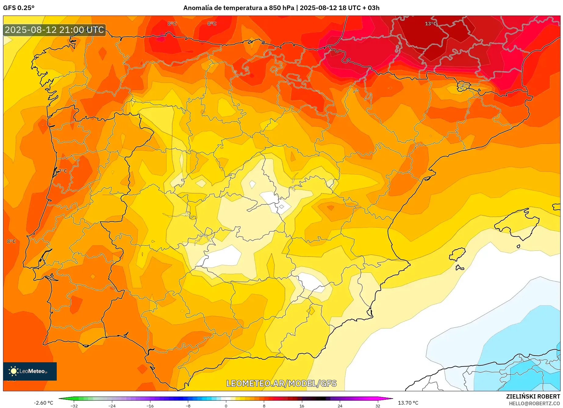 GFS model - España, Anomalía de temperatura a 850 hPa GFS model - España, Anomalía de temperatura a 850 hPa